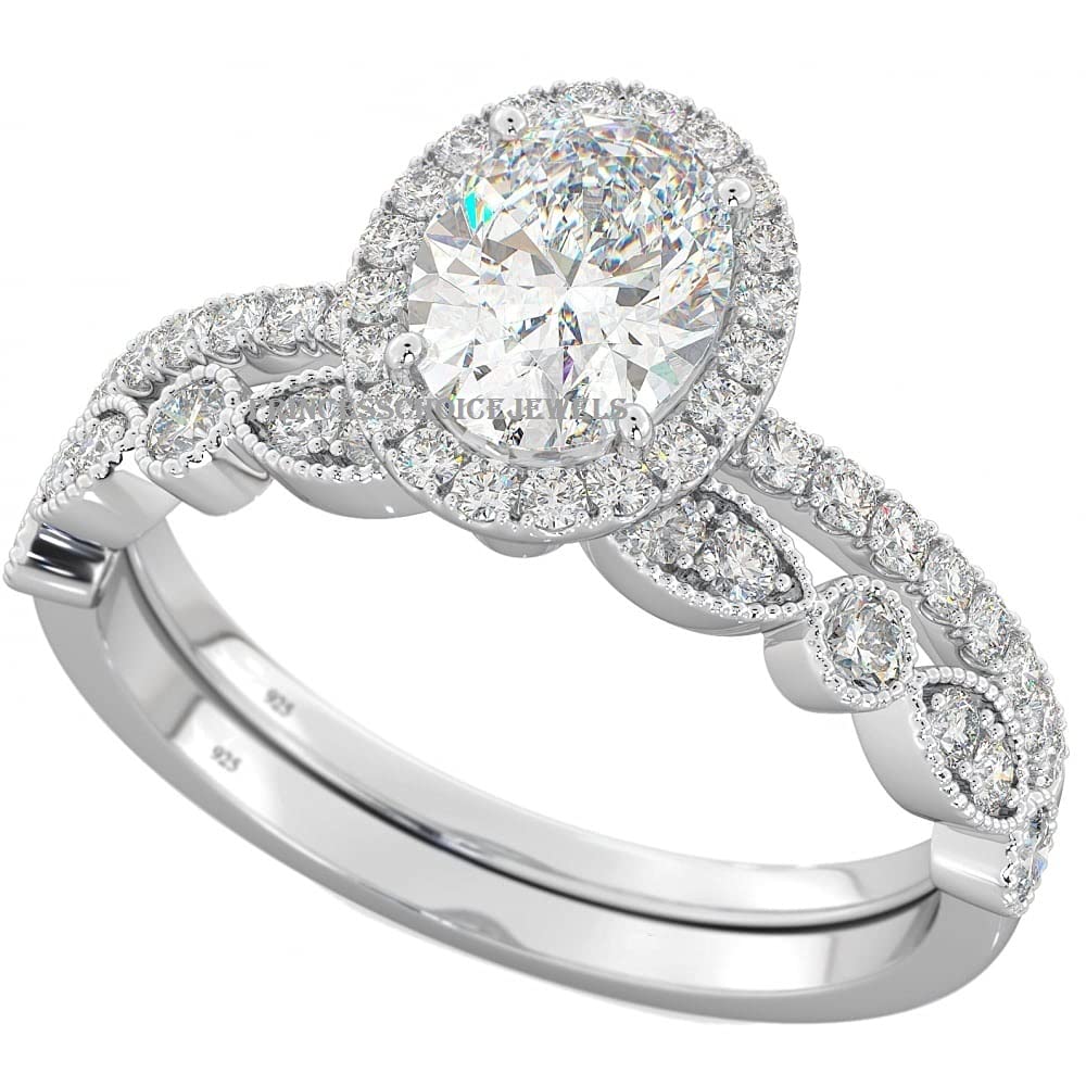 2 Piece Oval Halo Engagement Ring Set for Women - 925 Sterling Silver Wedding Bands, Bridal Jewelry Set - Perfect for Proposals, Anniversaries & Special Occasions