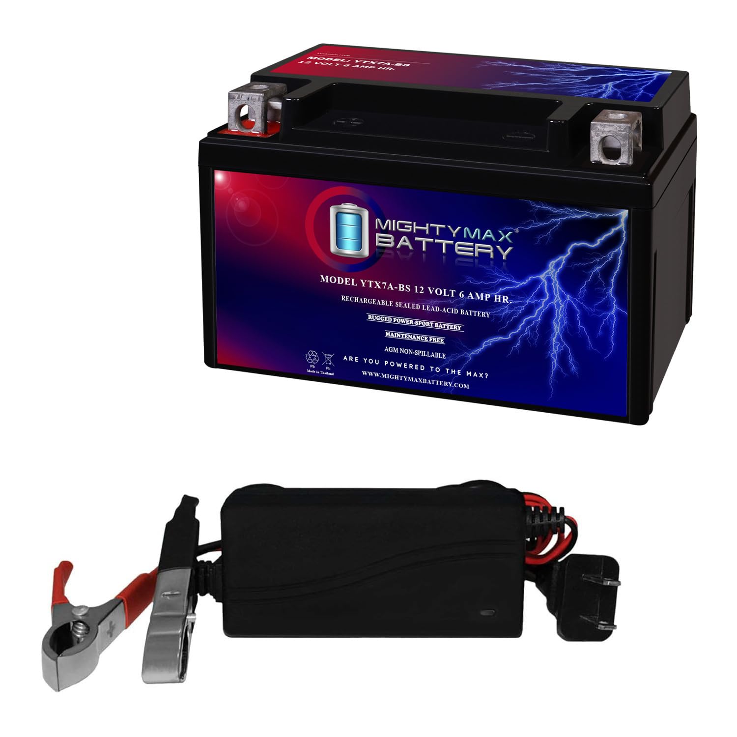Mighty Max YTX7A-BS 12V Motorcycle Battery Replacement for Kymco People 150 2006+ with 1A Charger - Powers Scooters, ATVs & Powersports Vehicles - Perfect for Commuting & Urban Riding
