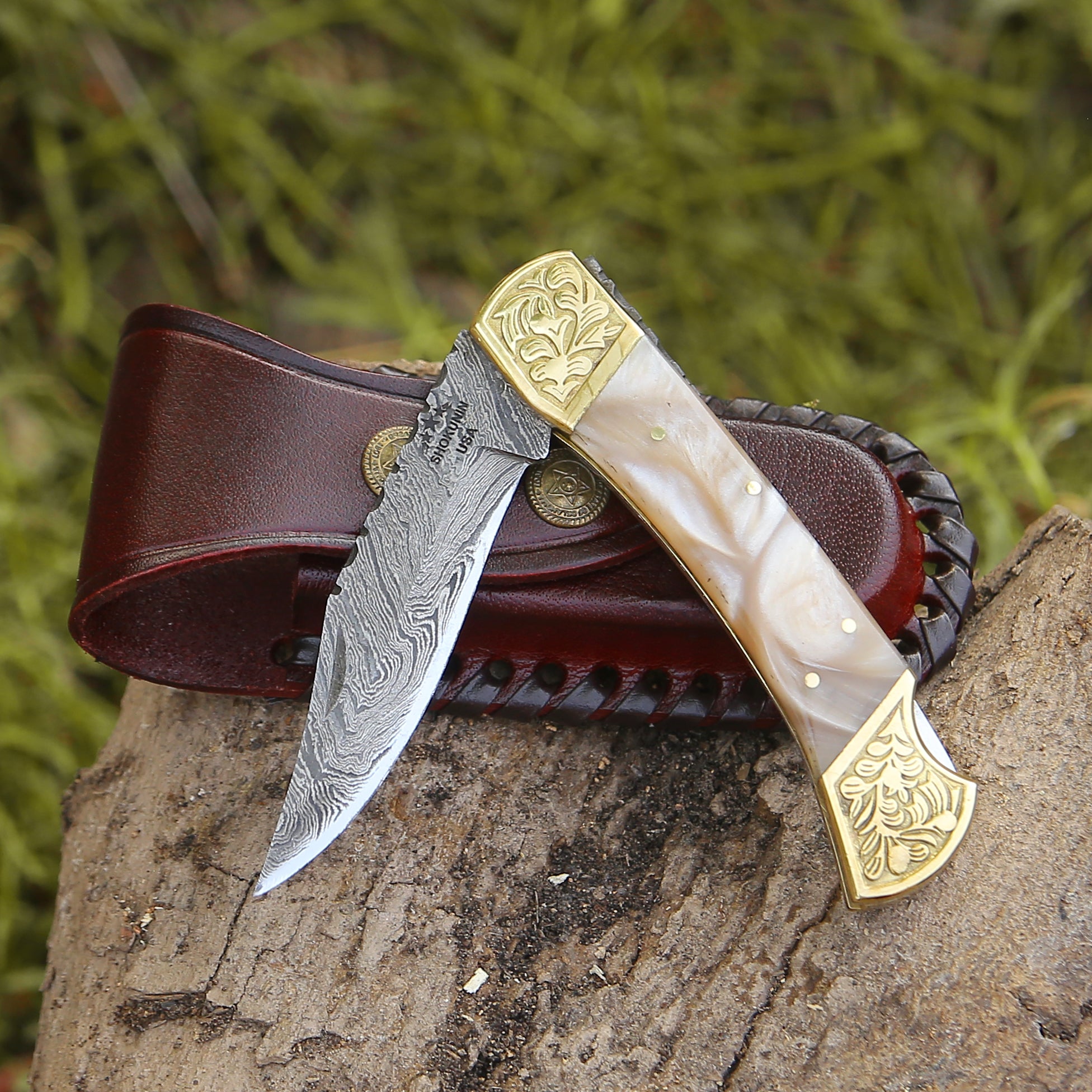 Premium Handmade Damascus Steel Pocket Knife - Thunderblade Folding Knife with Genuine Leather Sheath & Mother of Pearl Resin Handle - Perfect for Camping, Hunting, Outdoor Adventures & Everyday Carry (EDC)