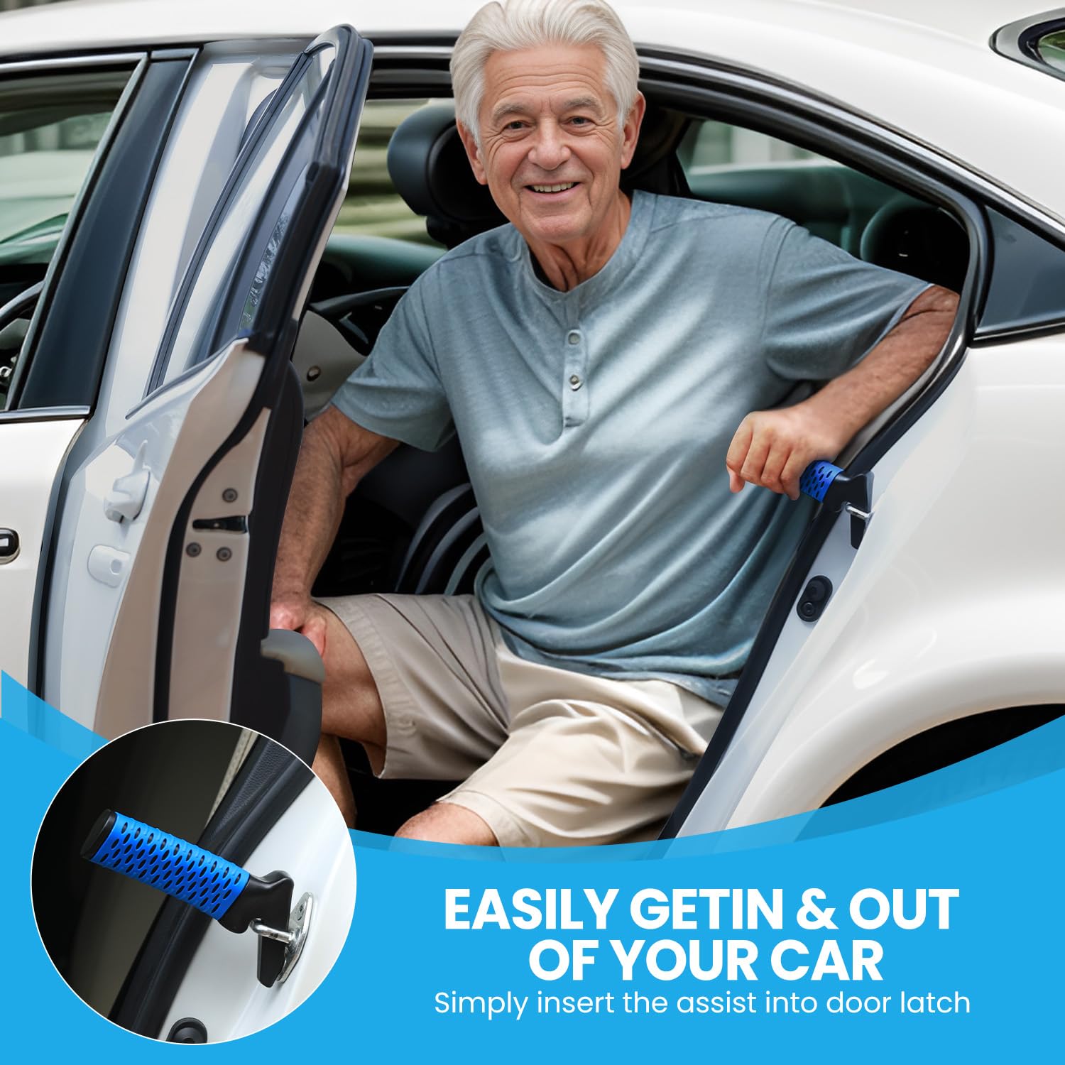 Elderly Car Door Handle Assist - Portable Mobility Aid for Seniors & Handicapped - Auto Grab Support Cane for Easy Car Exit (Blue) - Ideal for Car Travel & Daily Mobility Assistance