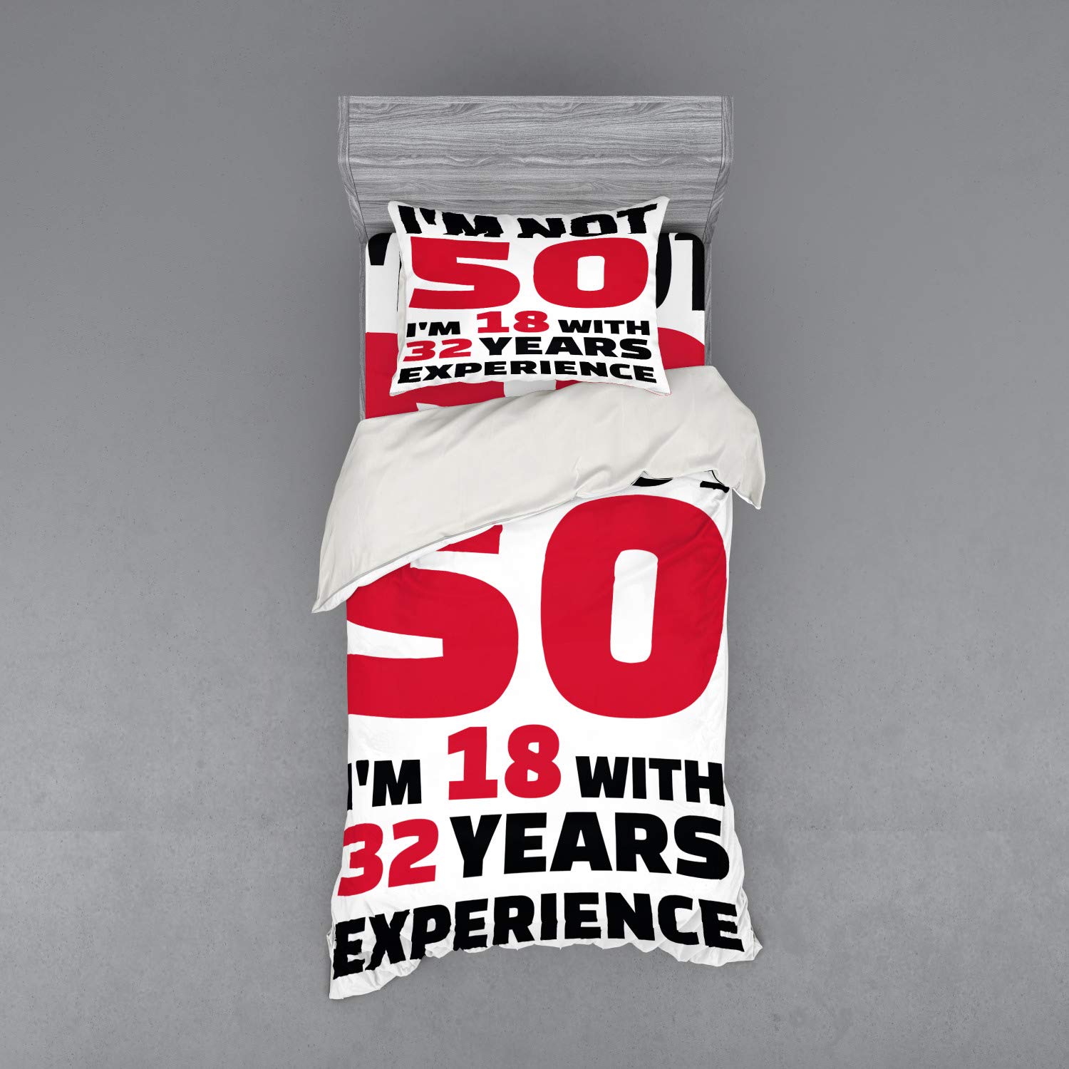 Ambesonne 50th Birthday Bedding Set - 3 Piece Duvet Cover with Sham & Fitted Sheet - Twin Size Red Black White - Funny 'Forever 18' Age Celebration Design - Perfect for Birthday Parties & Adult Bedroom Decor