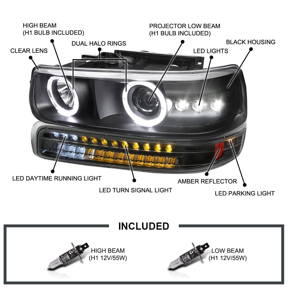 Spec-D Tuning Black LED Halo Projector Headlights with LED Bumper Lights - Compatible with 1999-2002 Chevy Silverado 1500/2500/3500 - Left & Right Pair Headlamp Assembly - Upgrade for Night Driving & Off-Road Adventures