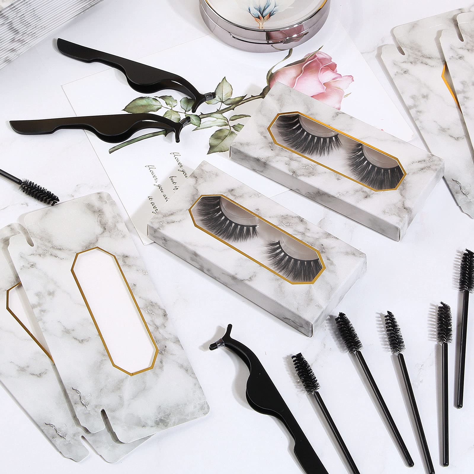 175-Piece Eyelash Extension Packaging Kit - 30 Empty Lash Boxes, 30 False Eyelash Trays, 15 Tweezers & 100 Disposable Mascara Wands (Marble Design) - Perfect for Salon Professionals, Lash Artists & DIY Beauty Enthusiasts