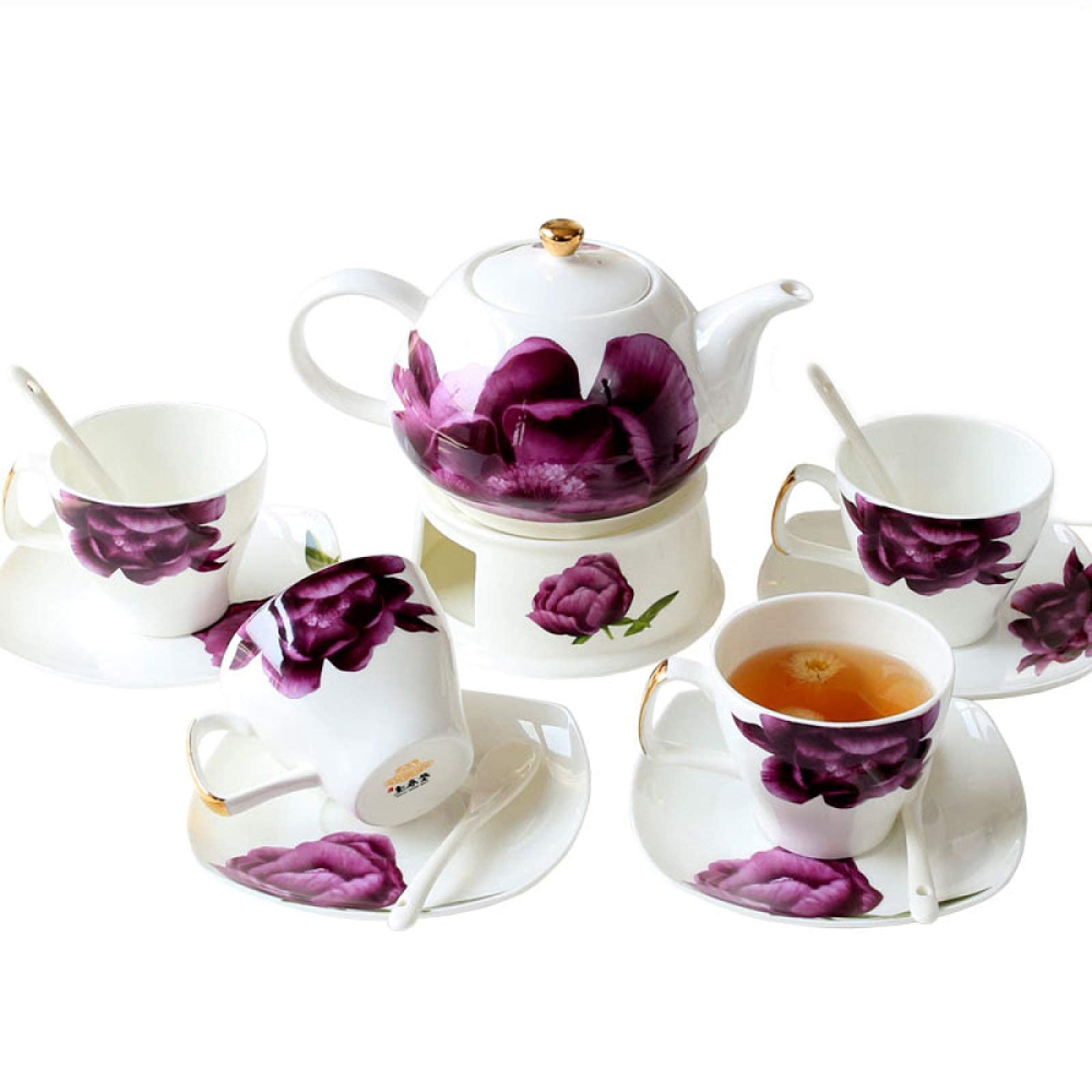 Elegant Floral Porcelain Tea Set for Adults - European Style Coffee Cup & Saucer with Heated Tea Stove - Perfect for Home Tea Parties, Afternoon Tea & Gift Giving