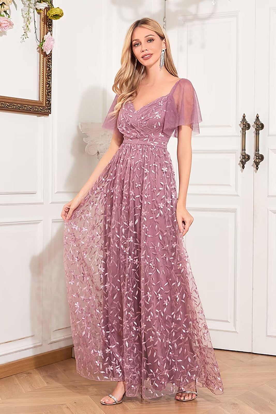 Elegant Lace Tulle Formal Evening Gowns for Women 2025 - Puffy Sleeve V-Neck A-Line Bridesmaid Dresses (Style NA74) | Perfect for Weddings, Proms & Special Occasions