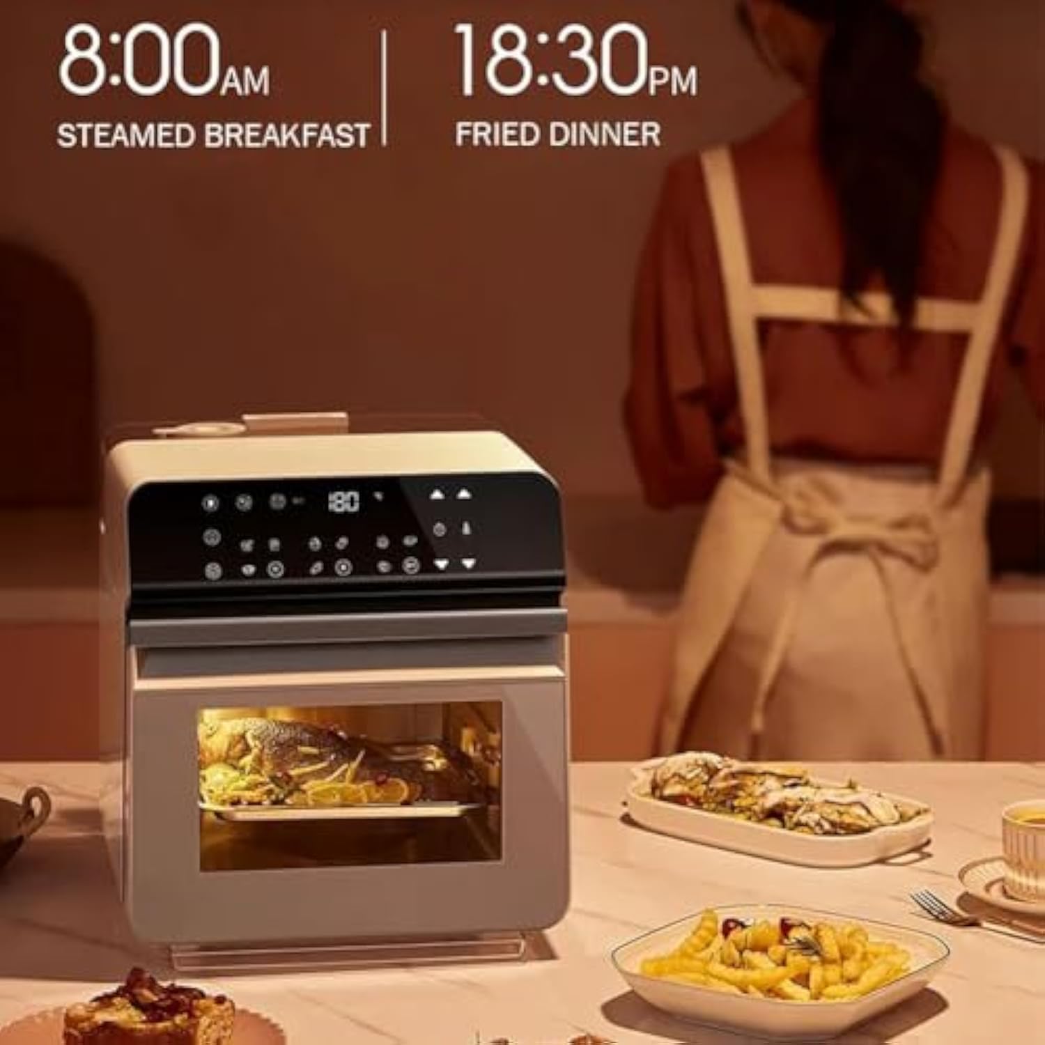 Upgraded TJean Smart Steam Oven - 15L Large Capacity Convection Air Fryer Oven with Visual Window, 25 Preset Menus for Baking, Drying & Fermenting | Self-Cleaning Steam Function | Perfect for Home Cooking, Meal Prep & Healthy Eating (White)