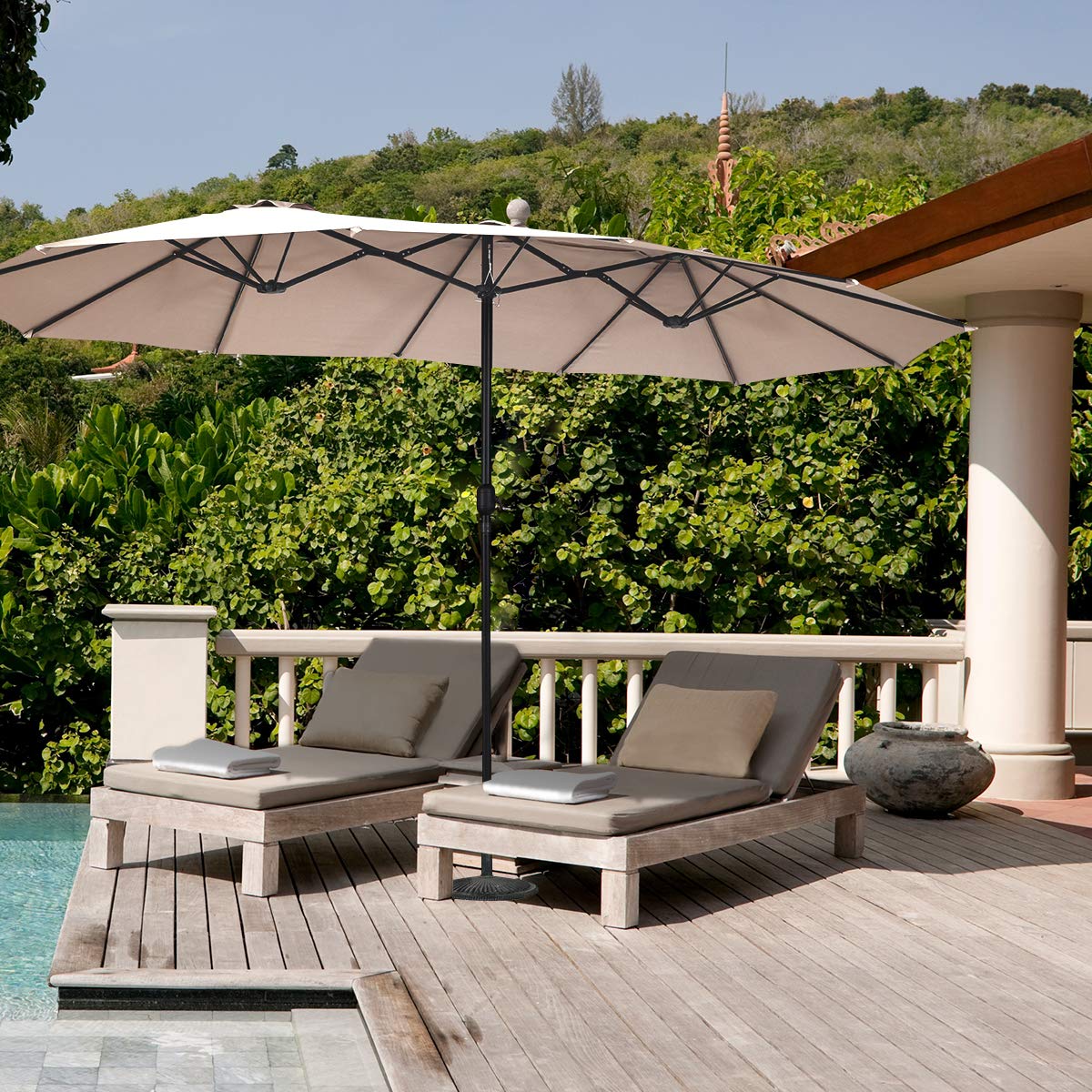 Tangkula 15 Ft Double-Sided Outdoor Patio Umbrella with Easy Crank Handle - Beige Market Table Umbrella for Backyard, Poolside, and Restaurant Outdoor Dining