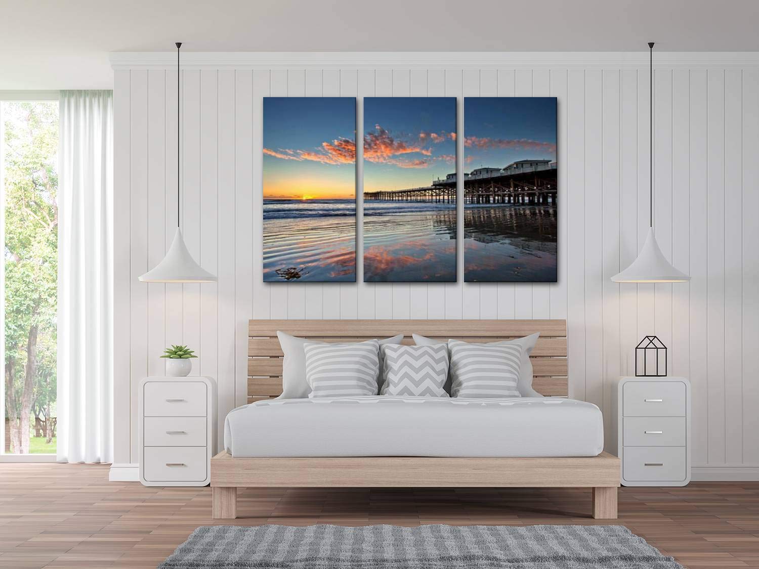 3 Panel Wall Art Modern Canvas Prints - Sunset at Crystal Pier, Pacific Beach San Diego California - Wooden Framed Pictures for Living Room & Bedroom Decor - Ready to Hang - Perfect for Coastal, Beach House & Boho Home Decor