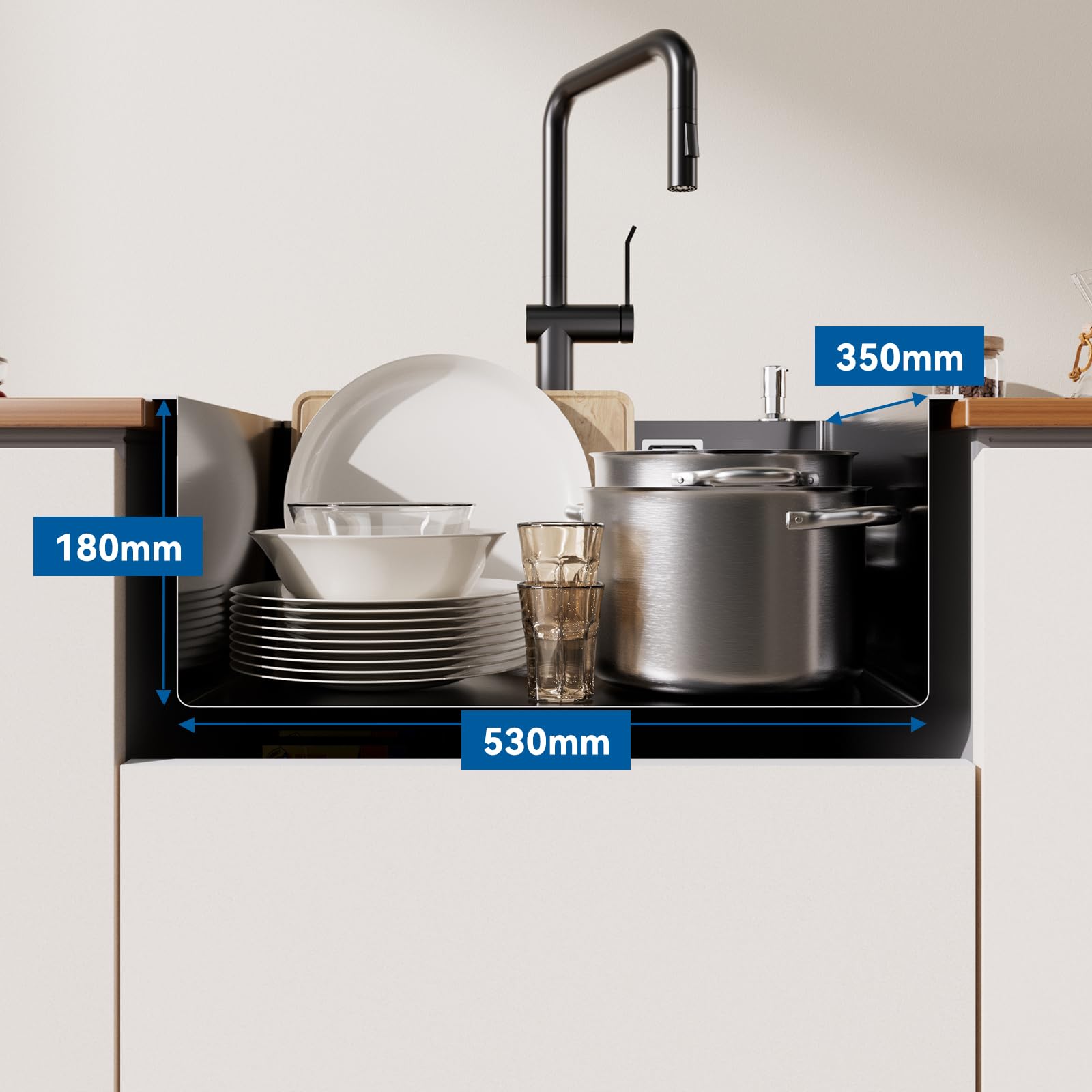 Lonheo 58 x 45 cm Black Kitchen Sink with Foldable Drainboard & Soap Dispenser - Single Bowl Stainless Steel Sink with Drainage System - Perfect for Modern Kitchens, Apartments & Small Spaces
