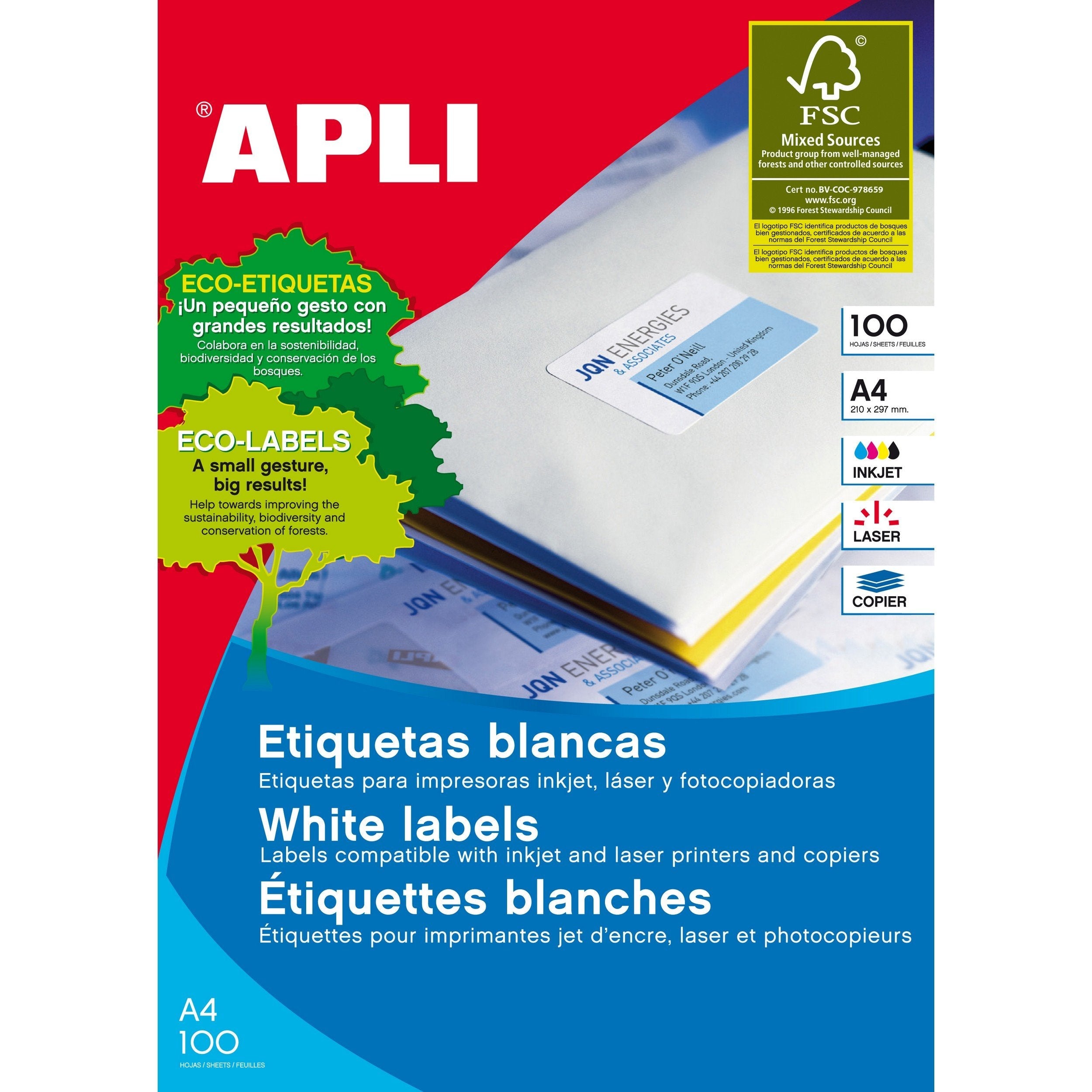 Apli Printable Labels A4 70mm x 37mm Square Edge - 100 Sheets Self-Adhesive Sticker Paper for Organizing, Mailing & Crafting
