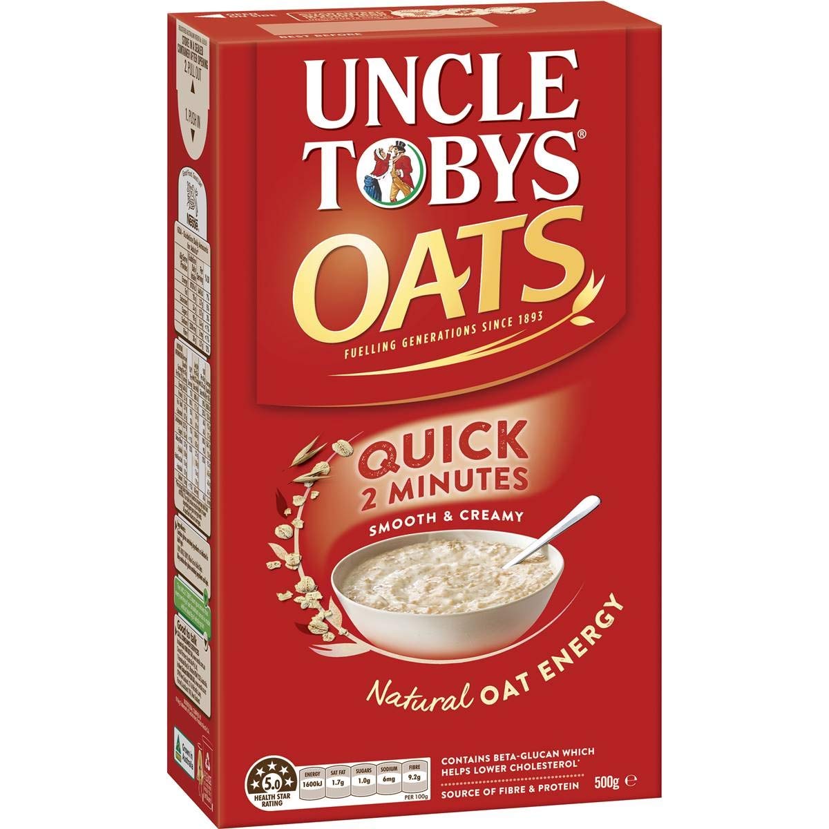 Uncle Tobys Quick Oats 500g - Instant Rolled Oatmeal for Breakfast, Baking & Healthy Snacks - High Fiber Whole Grain Cereal for Energy & Weight Loss