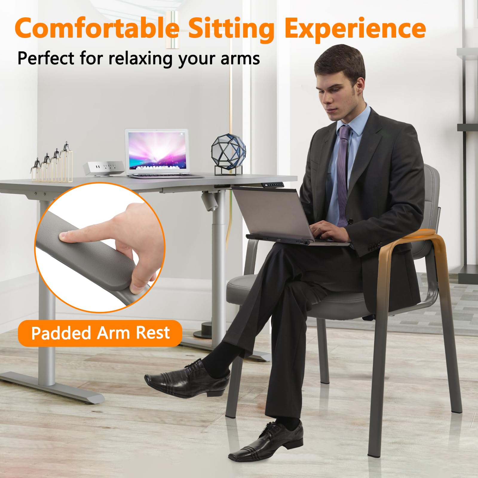 CLATINA Waiting Room Guest Chair - Bonded Leather Padded Armrest, Ergonomic Office Reception Chair for Conference Rooms & Lobby Areas (Grey, 1-Pack) - Perfect for Corporate Offices, Hospitals, and Hotel Waiting Areas