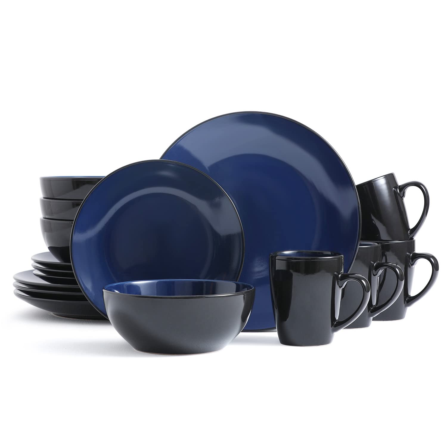 Bestone 16-Piece Stoneware Dinnerware Set - 4-Person Service with Plates & Bowls in Blue & Black - Perfect for Family Dinners, Entertaining Guests & Everyday Use