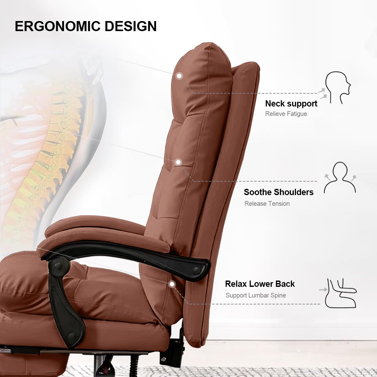 Ergonomic Office Chair with Footrest - Reclining High Back Executive Desk Chair for Gaming & Work - Comfortable Leather Computer Chair for Home & Office Use