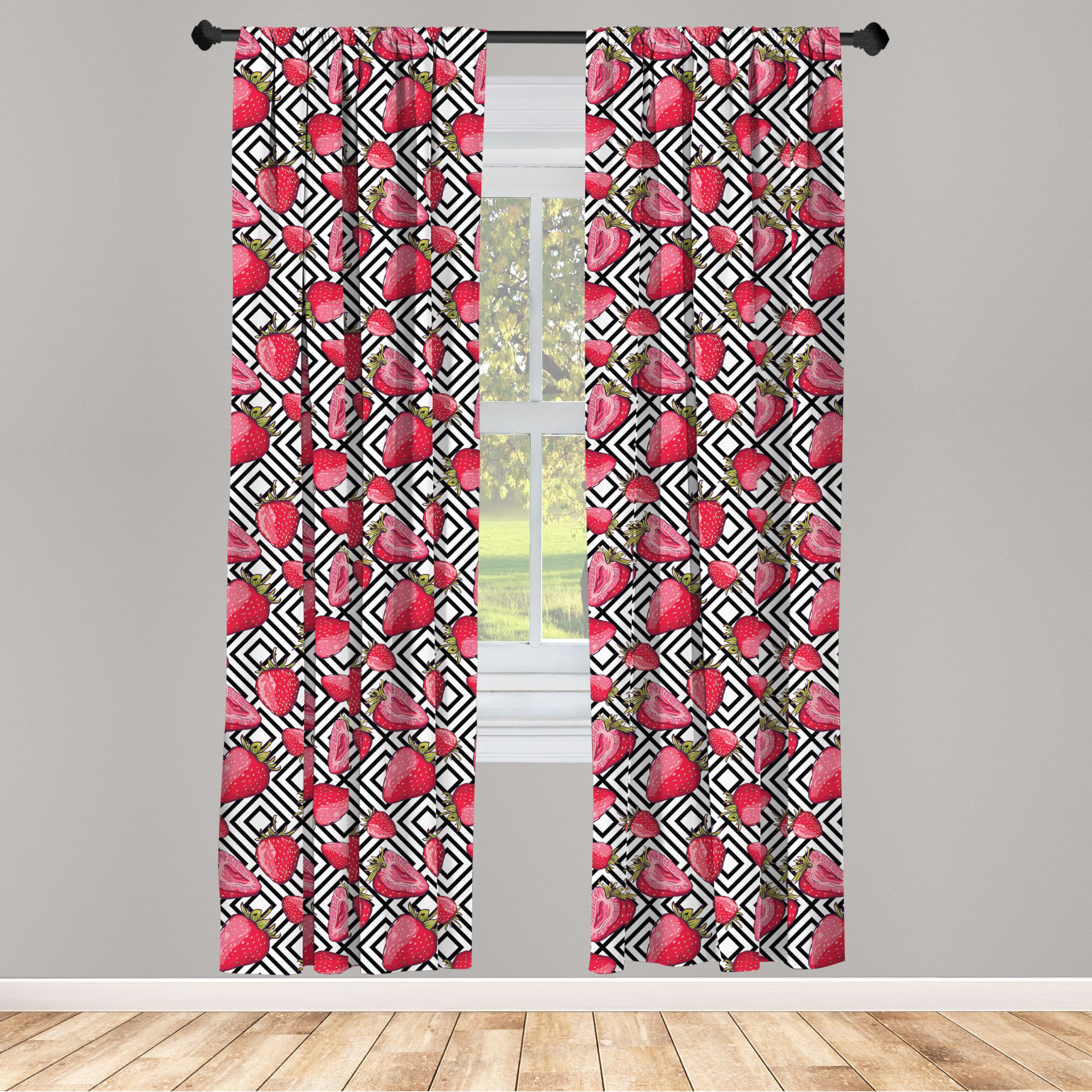 Ambesonne Fruit Print Curtains - Black & White Chevron Striped Strawberry Design, 28x95 Inch 2 Panel Set for Living Room & Bedroom | Juicy Feminine Decor | Perfect for Kitchen, Dining Room or Farmhouse Style Windows