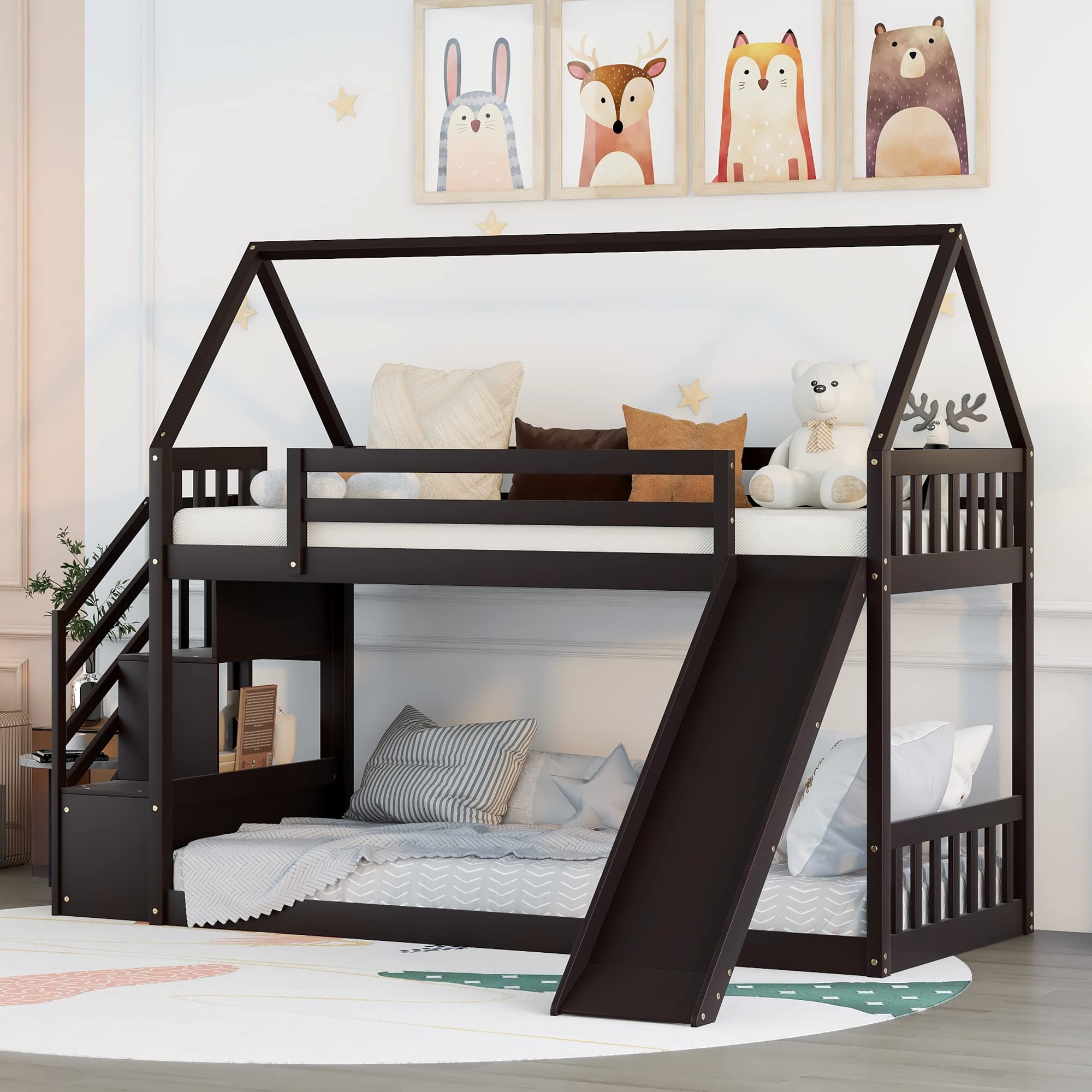 Twin Over Twin Wooden Bunk Bed with Stairs and Slide for Kids - Sturdy Espresso Bunk Bed for Girls and Boys, No Box Spring Needed - Perfect for Small Bedrooms, Kids' Rooms, and Shared Spaces