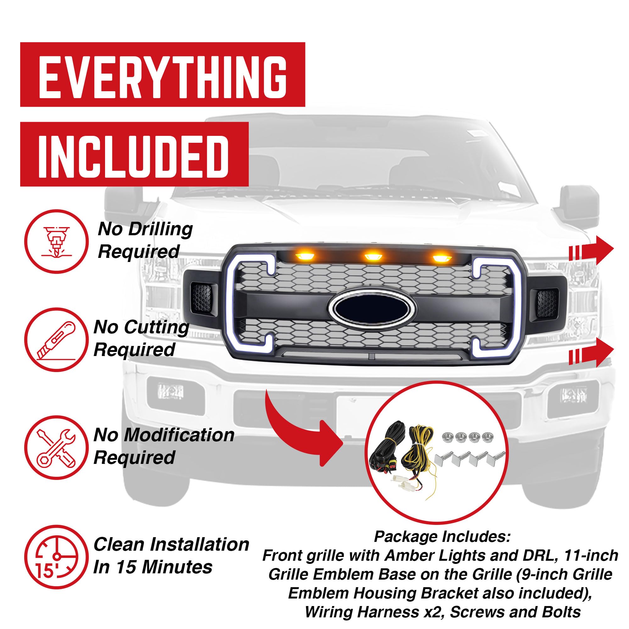 Raptor Style Mesh Front Grille with DRL & Turn Signals for Ford F150 (2018-2020) | Matte Black | Emblem Base | Off-Road & Street Style Upgrade