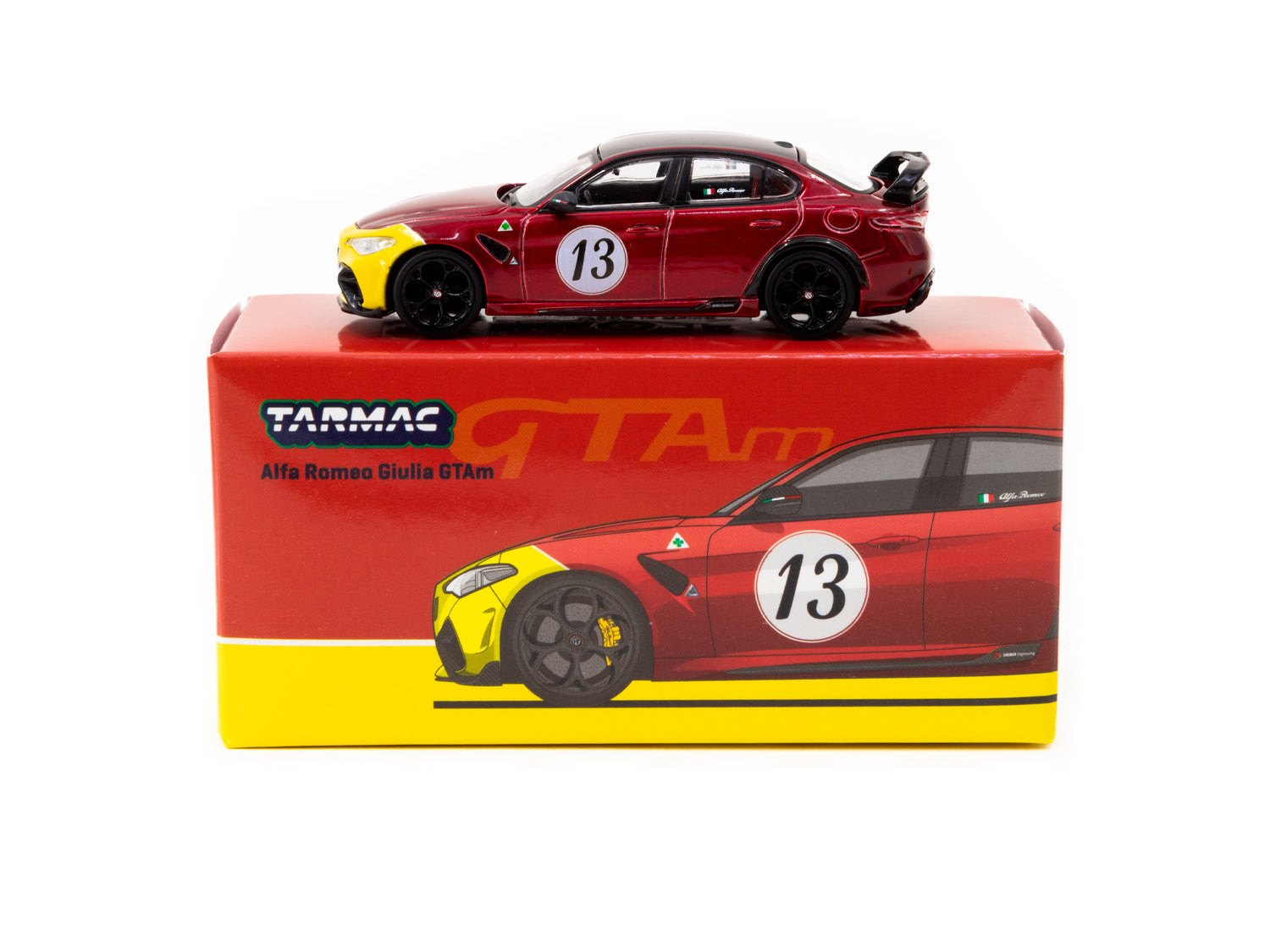 Tarmac Works 1/64 Scale Alfa Romeo Giulia GTAm Diecast Model Car - Red & Yellow - GLOBAL64 Series - Perfect for Collectors & Racing Enthusiasts