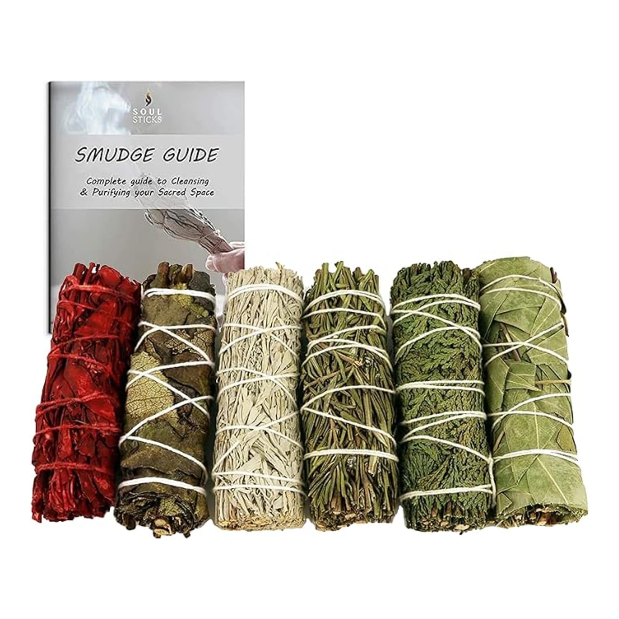 SOUL STICKS Premium Smudge Stick Variety Gift Set - 6 Pack of Natural Sage Bundles for Space Cleansing & Energy Purification | Includes Smudging Wand & Guide Book | Perfect for Meditation, Yoga, Home Cleansing & Spiritual Rituals
