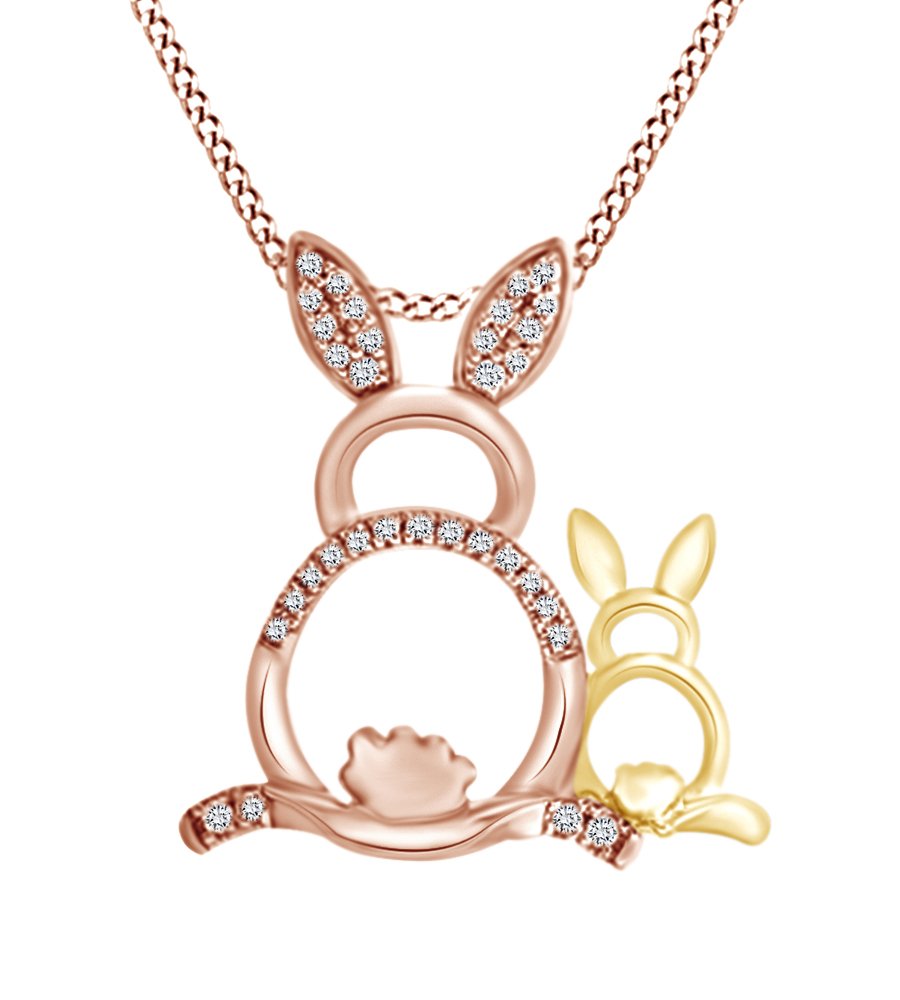 1/10 Cttw Round White Diamond Easter Bunny Pendant Necklace - 925 Sterling Silver Two Tone Jewelry for Women, Gift for Easter, Spring Fashion Accessory