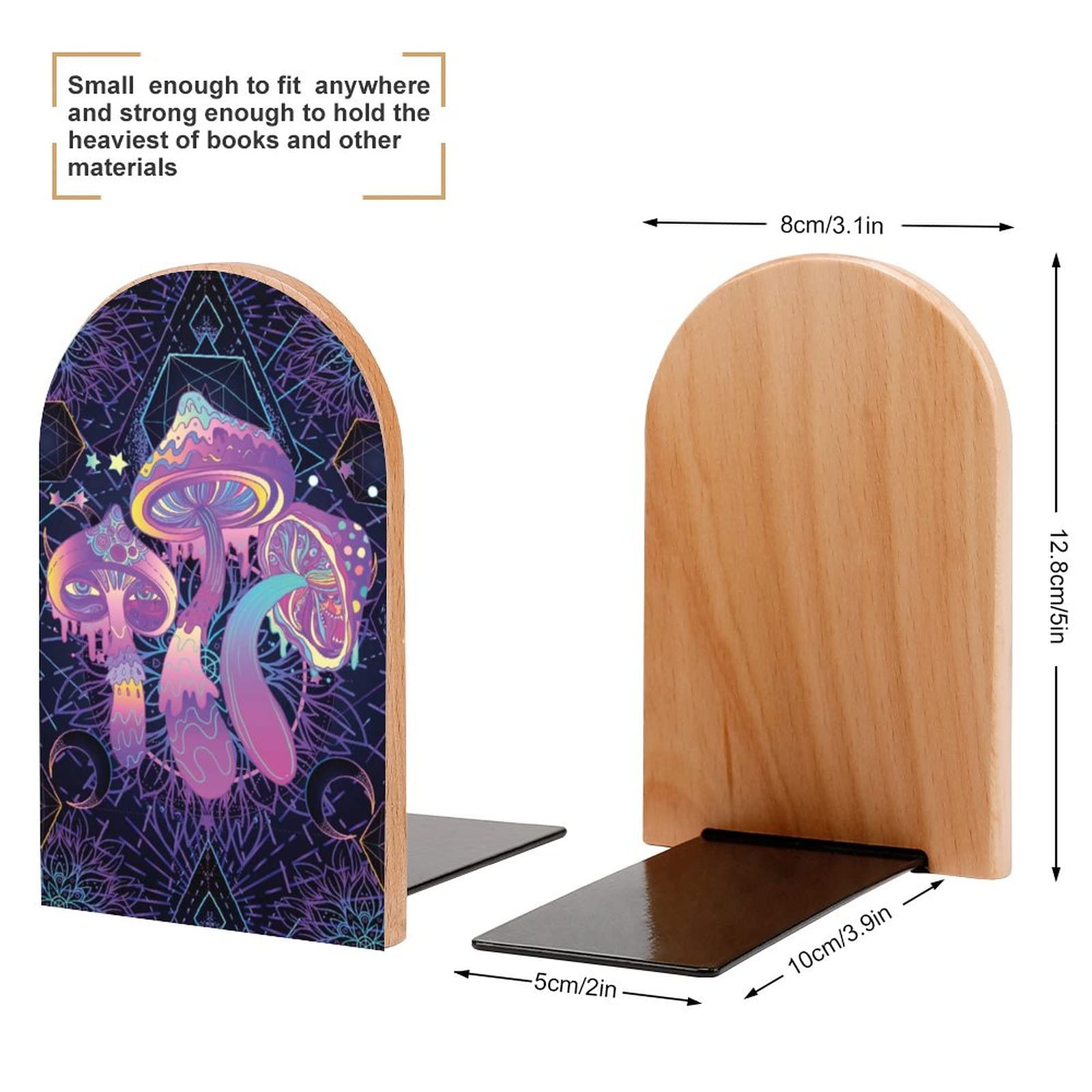 Psychedelic Art Wood Bookends - Magic Mushroom Design Non-Slip Office Decor for Books, Files & Magazines | Perfect for Home Office, Library & Bookshelf Organization