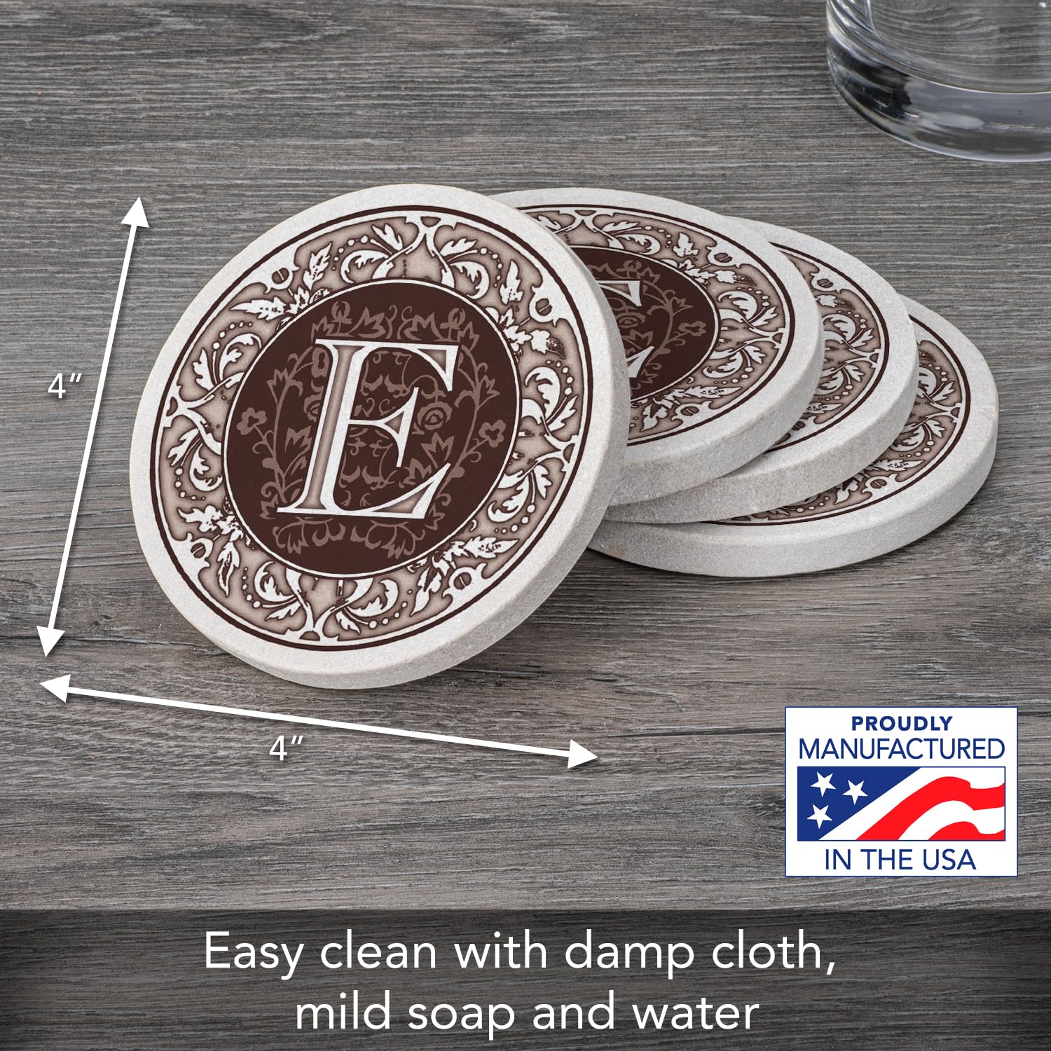 Thirstystone Monogram Letter E Absorbent Sandstone Coaster Set of 4 - Made in USA, Decorative & Functional Drink Coasters for Home, Office, Bar - Perfect for Protecting Tables from Water Rings & Stains