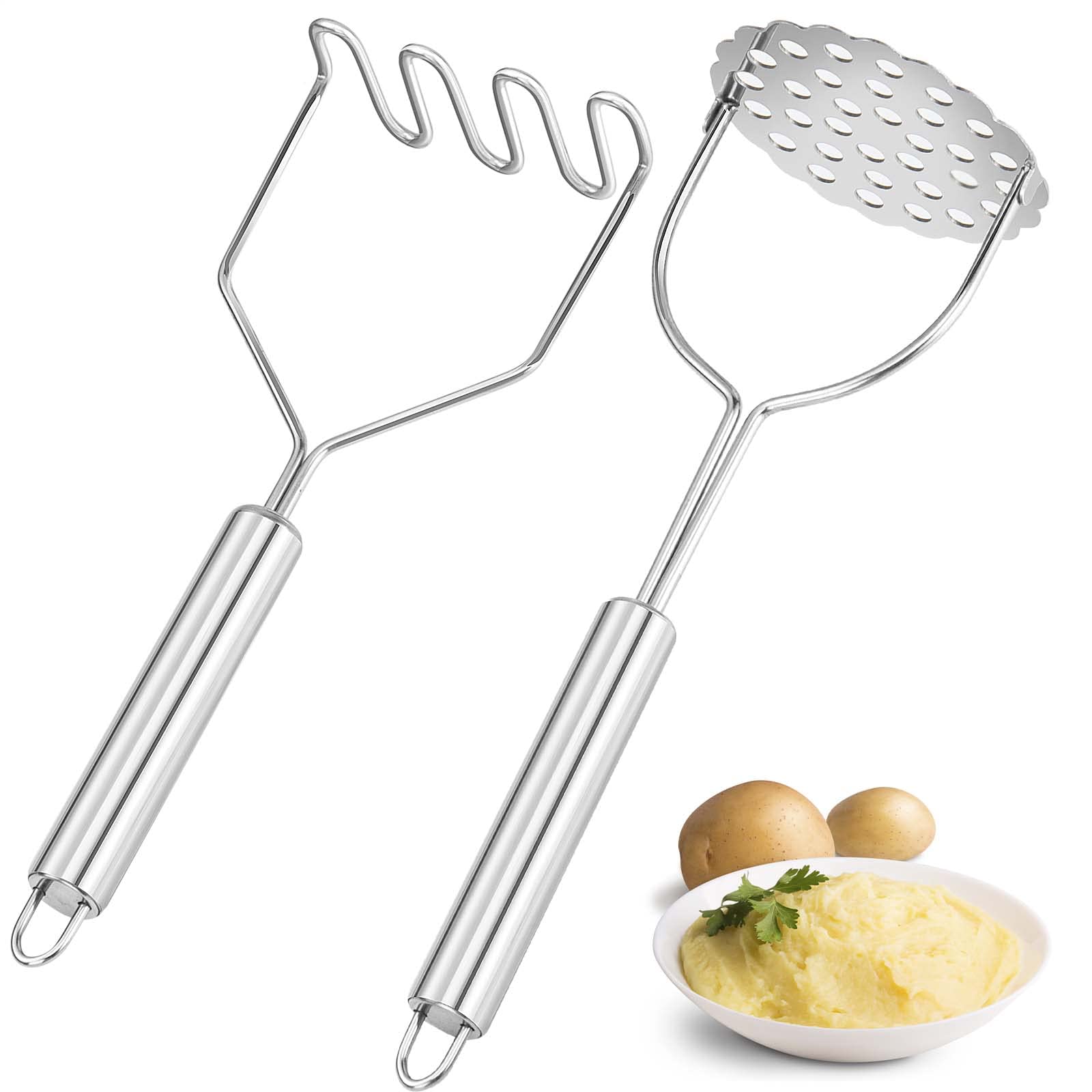 2 Pack Heavy Duty Stainless Steel Potato Masher - Rust-Proof Kitchen Tool for Mashing Potatoes, Vegetables & Fruits - Perfect for Mashed Potatoes, Baby Food & Baking Prep