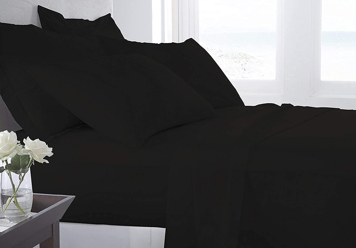 4-Piece Black Full XL Size Bed Sheet Set - 100% Long Staple Egyptian Cotton, Sateen Weave, Fits Mattress Up to 16