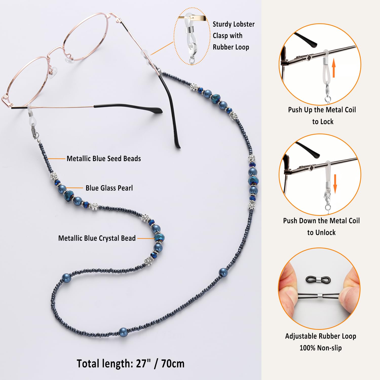 Stylish Beaded Eyeglass Chains for Women - Fashionable Glasses Holder Necklace with Adjustable Length | Perfect for Reading, Driving, Work & Outdoor Activities