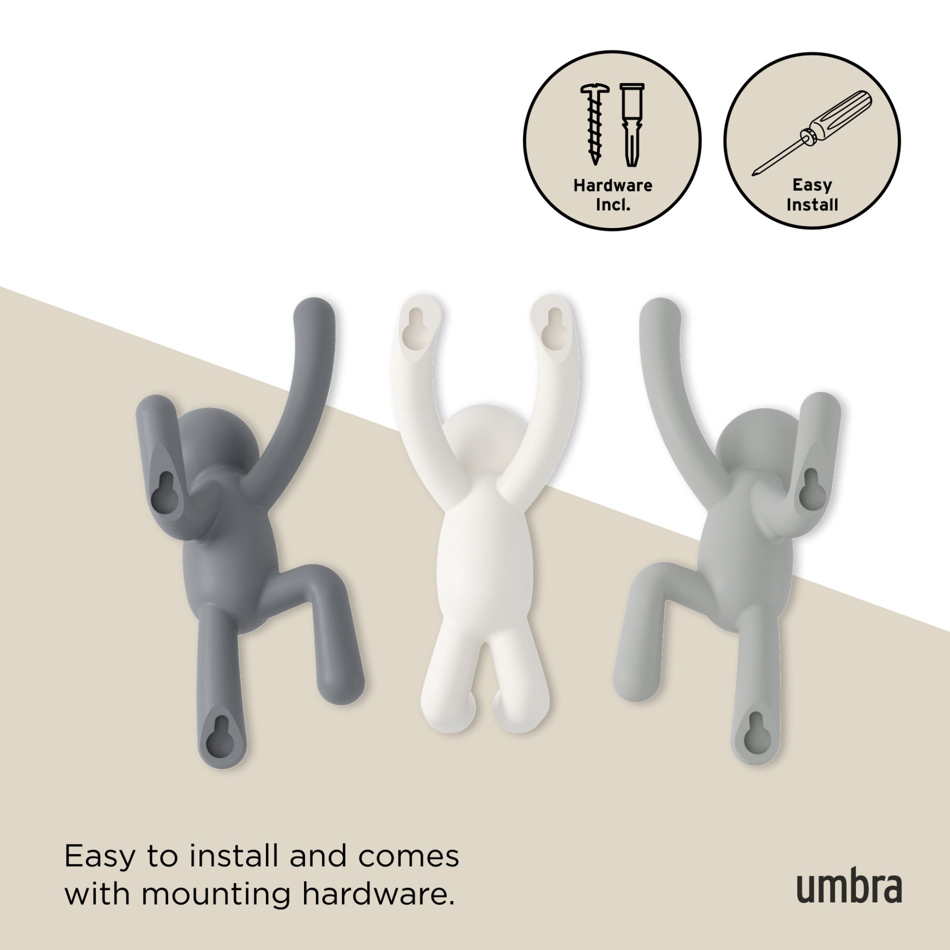 Buddy Wall Hooks Set of 3 - Heavy Duty Adhesive Hooks for Hanging Coats, Hats & Keys - Perfect for Home, Office & Dorm Organization