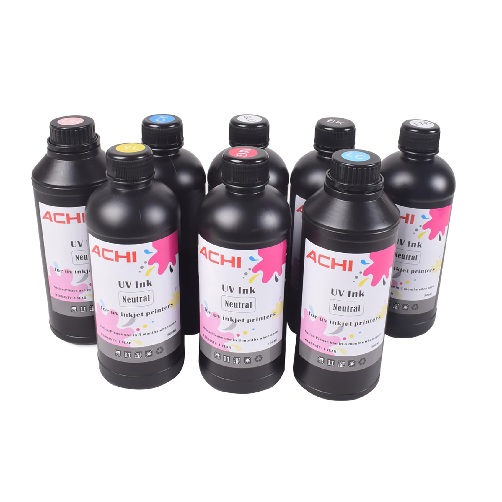 500M*8 UV Ink for UV 6090 Printer - CMYKWV + Varnish + LC + LM Ink Set (5X500ML) - Compatible with XP600, TX800, TX300, DX4, DX5, DX6, DX7, DX10 Printers - Perfect for Printing on Metal, Wood, Glass - Ideal for Signage, Home Decor, and Industrial Applications