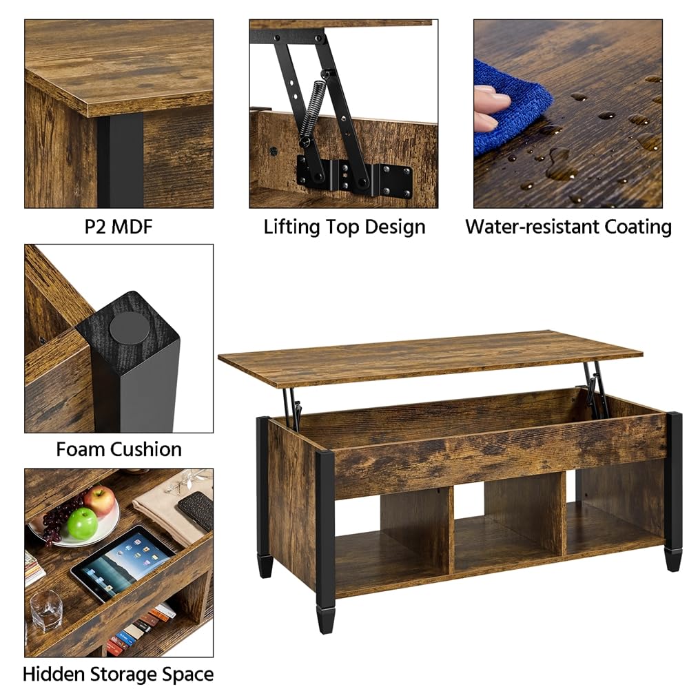 Yaheetech Rustic Lift Top Coffee Table with Hidden Storage & Shelf - 47.5