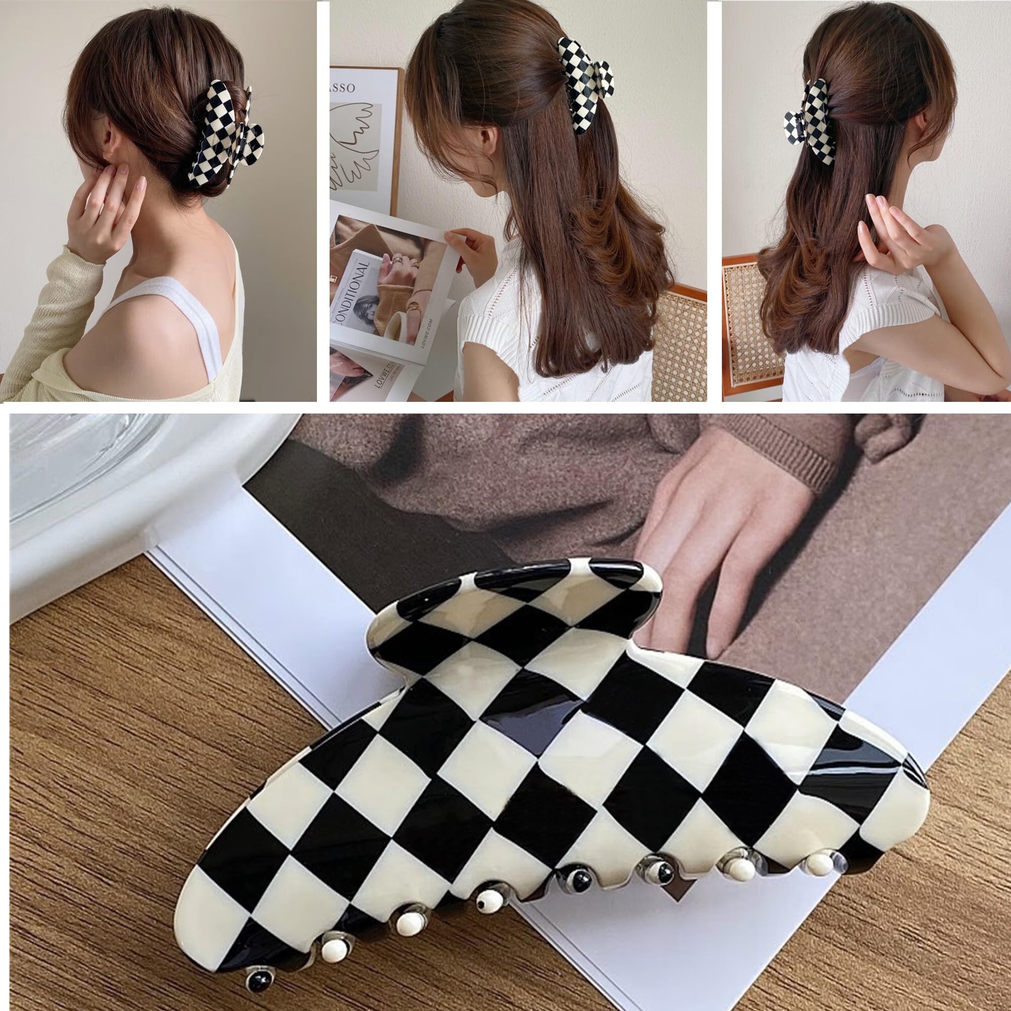 Women's Large Checkered Hair Clips - 2 Pack Black & White Claw Jaw Clips for Women & Girls - Perfect for School, Work, and Everyday Hairstyles
