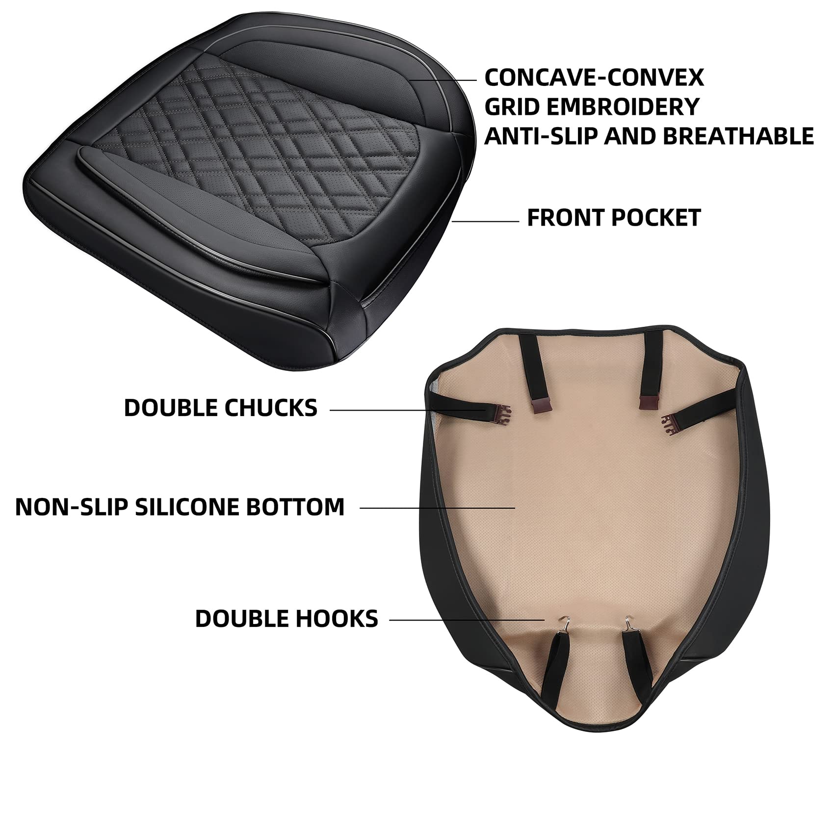 Premium PU Leather Car Seat Covers - Universal 2-Piece Front Bottom Seat Protectors with Anti-Slip Design & Storage Pockets | Fits 95% Vehicles | Perfect for Daily Commuting, Road Trips & Car Interior Protection (Black Grid)