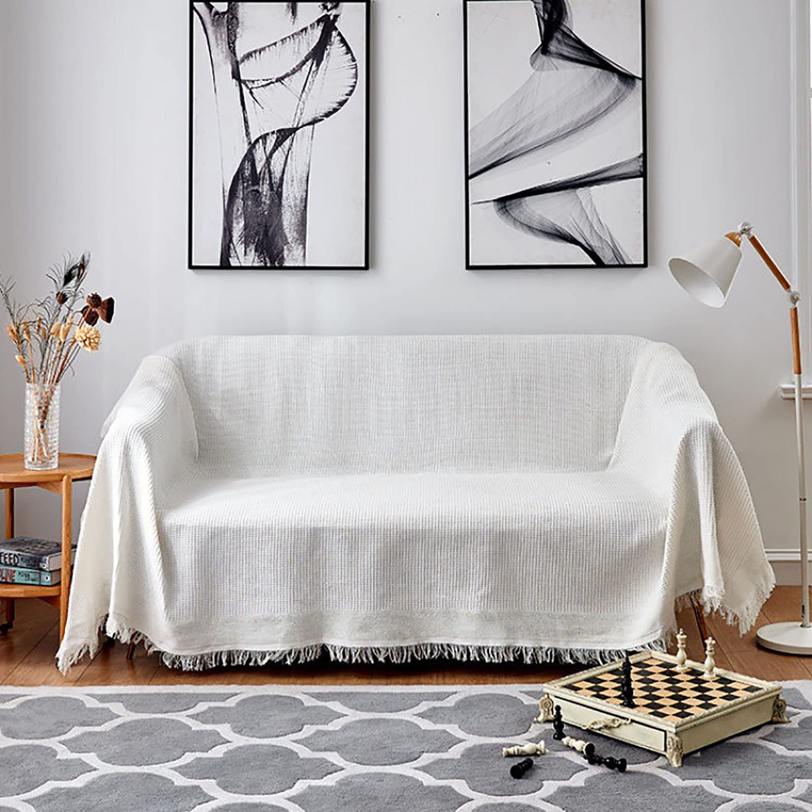 Washable Cotton Sofa Cover with Tassels - Jacquard Woven Geometric Design, Dog-Friendly Couch Slipcover (White, 3,180x260cm) - Perfect for Living Room, Sectional Sofa Protection & Pet Owners