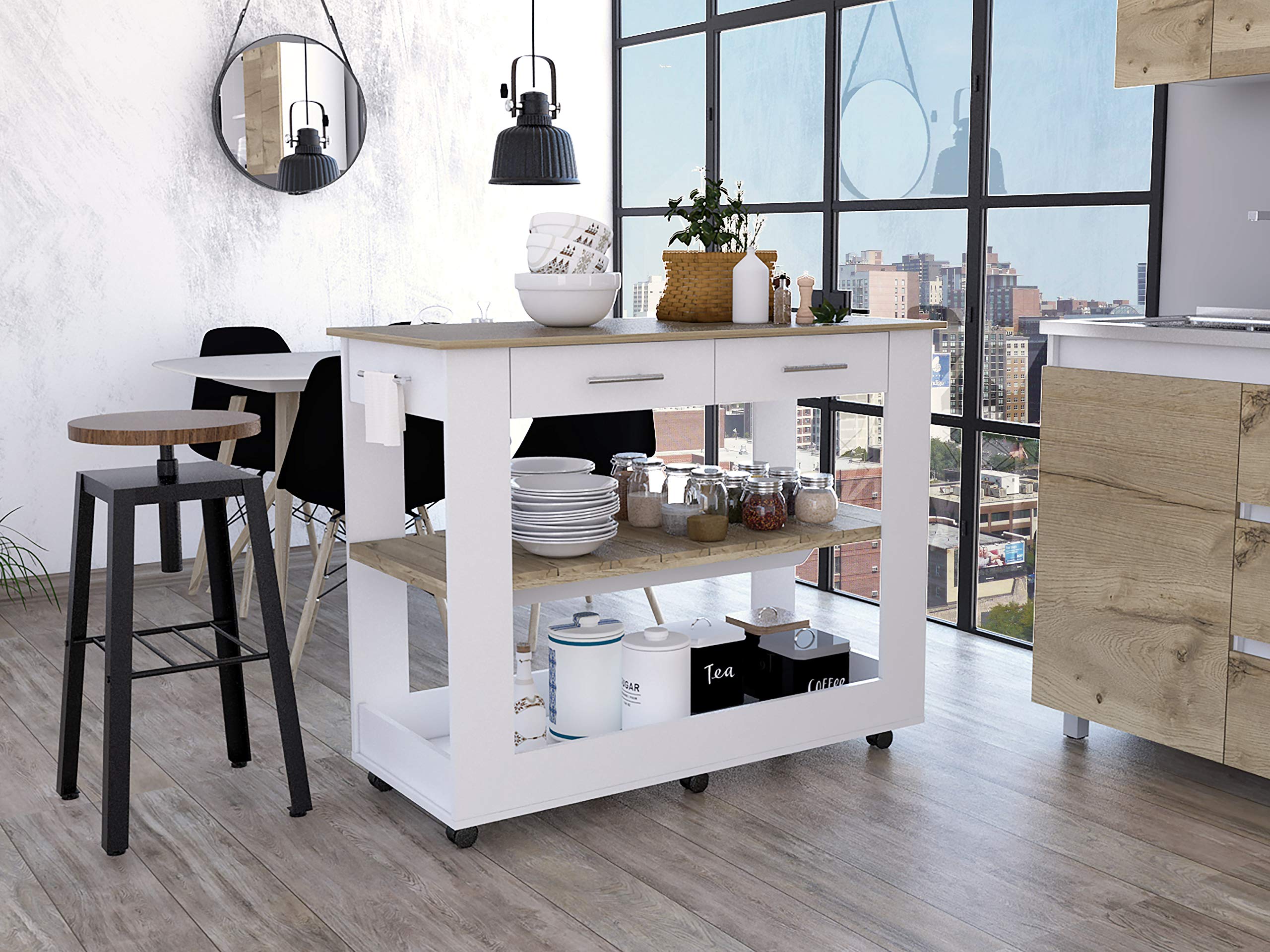 80-Inch Light Oak Kitchen Island with Shelves & Drawers - Rustic Brooklyn Style for Modern Farmhouse, Open Concept & Small Space Kitchens