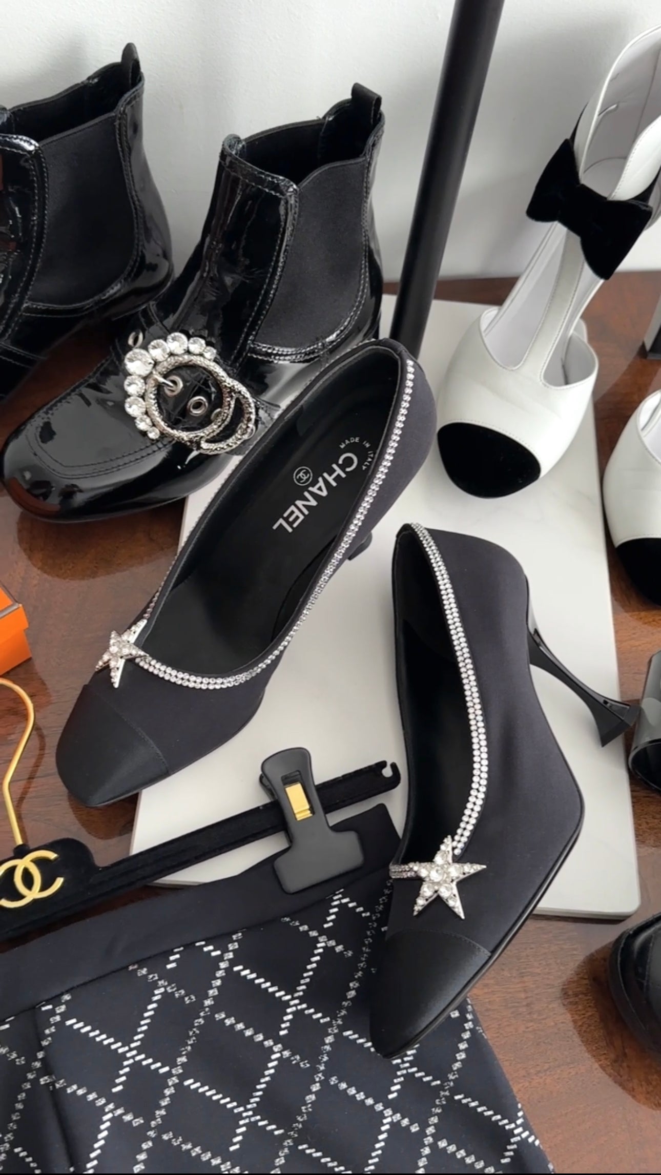 Chanel Black Fabric Pumps with Crystal Star Strass Trim - Women's Luxury High Heels Size 40C for Evening Parties & Special Occasions