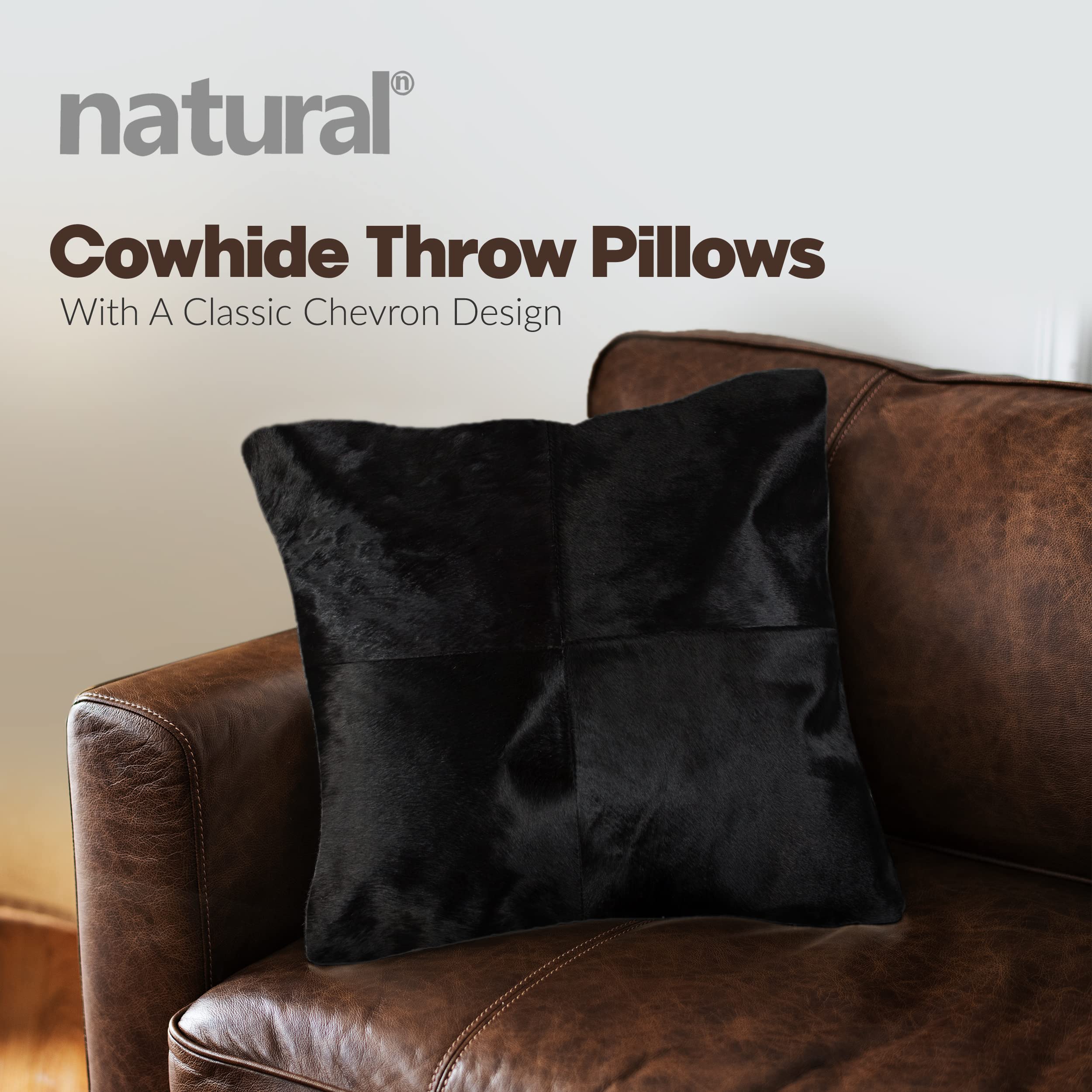 Premium 18x18 Inch Natural Torino Cowhide Throw Pillows with Polyester Insert - Handcrafted 100% Genuine Leather Decorative Cushions for Sofa, Bed & Living Room - Black Luxury Home Decor Accent Pillows