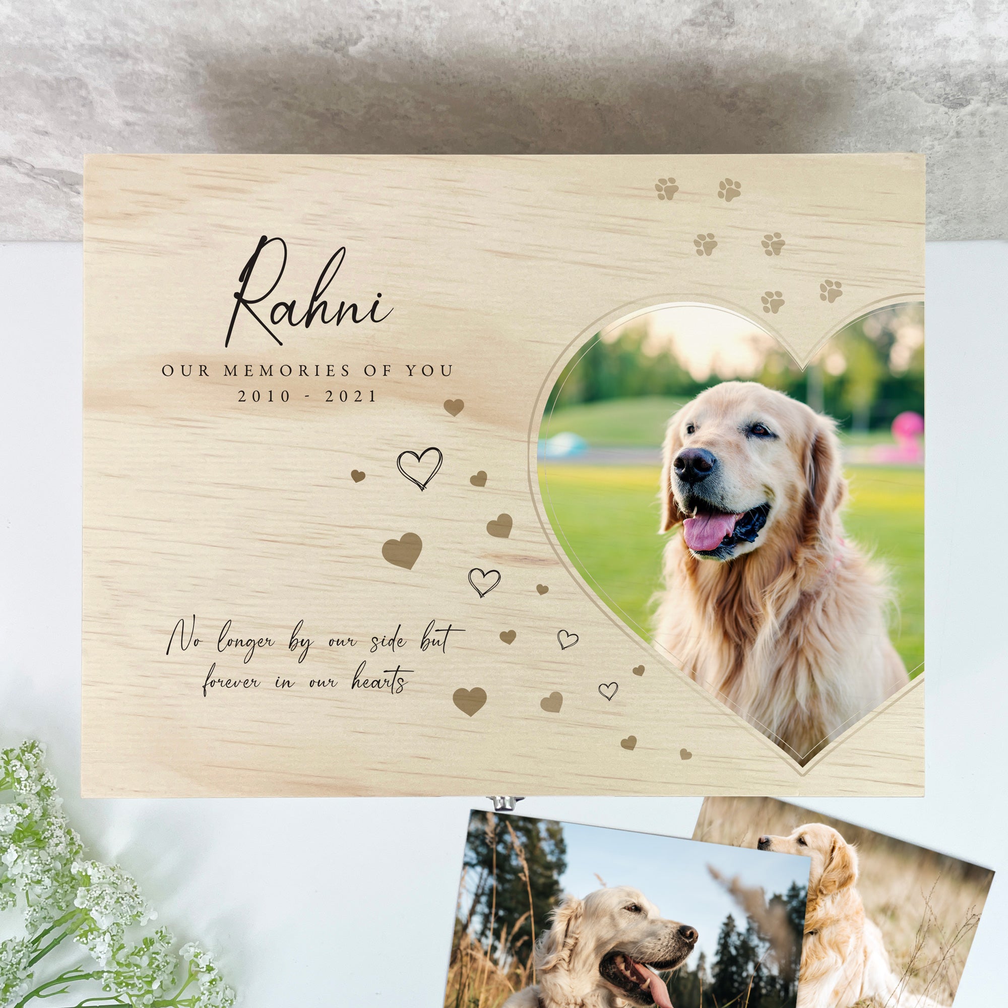 Personalized Large Pine Wood Pet Memorial Photo Memory Box - 5 Sizes (16cm, 20cm, 26cm, 30cm, 36cm) - Perfect for Honoring Beloved Pets, Storing Cherished Photos & Keepsakes at Home