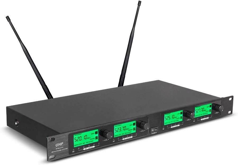 Refurbished Wireless UHF System - 4 Channel with 4 Lavalier Mics, 4 Bodypacks & 4 Headsets for Church, Theater, and Conference Presentations