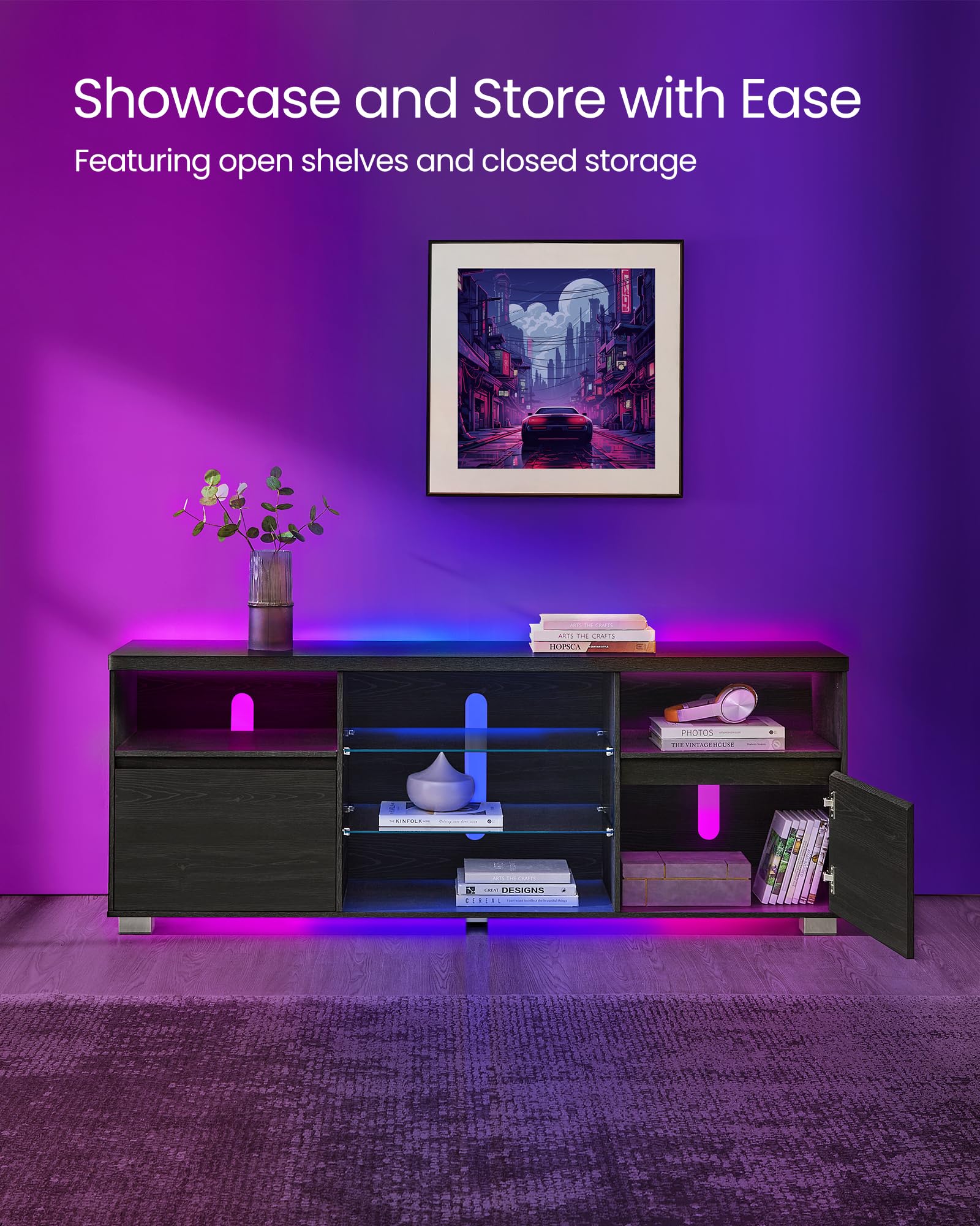 VASAGLE 63-Inch TV Stand with LED Lights for 70 Inch TVs, Modern Entertainment Center with Open Glass Shelves & 2 Storage Cabinets - Black ULTV330T21 | Perfect for Living Room, Bedroom & Home Theater Setup