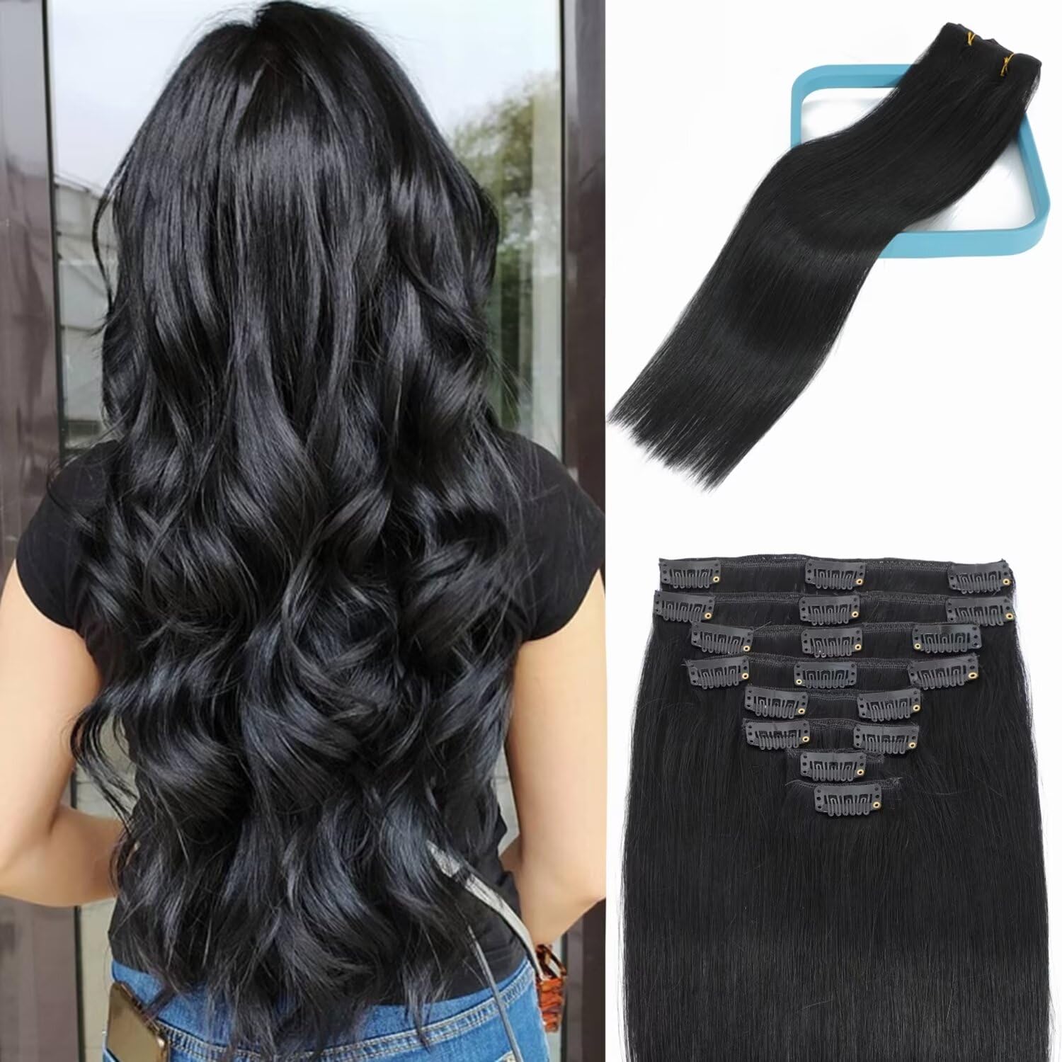LORIEN 22 Inch Clip-in Hair Extensions - 100% Brazilian Remy Human Hair (Jet Black, 8pcs Set with 18 Clips) for Volume & Length | Perfect for Weddings, Parties & Everyday Styling