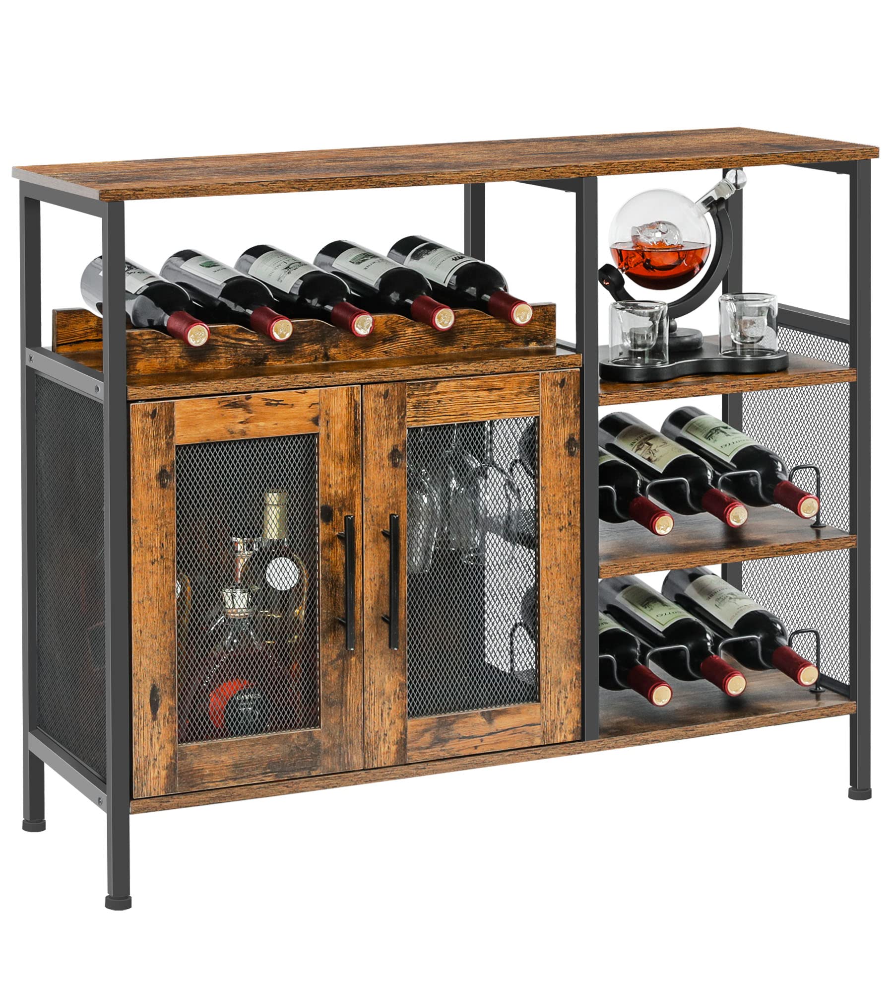Rustic Brown X-cosrack Wine Bar Cabinet with Detachable Wine Rack & Glass Holder - Coffee Bar Sideboard with Mesh Door for Dining Room, Kitchen or Living Room Storage