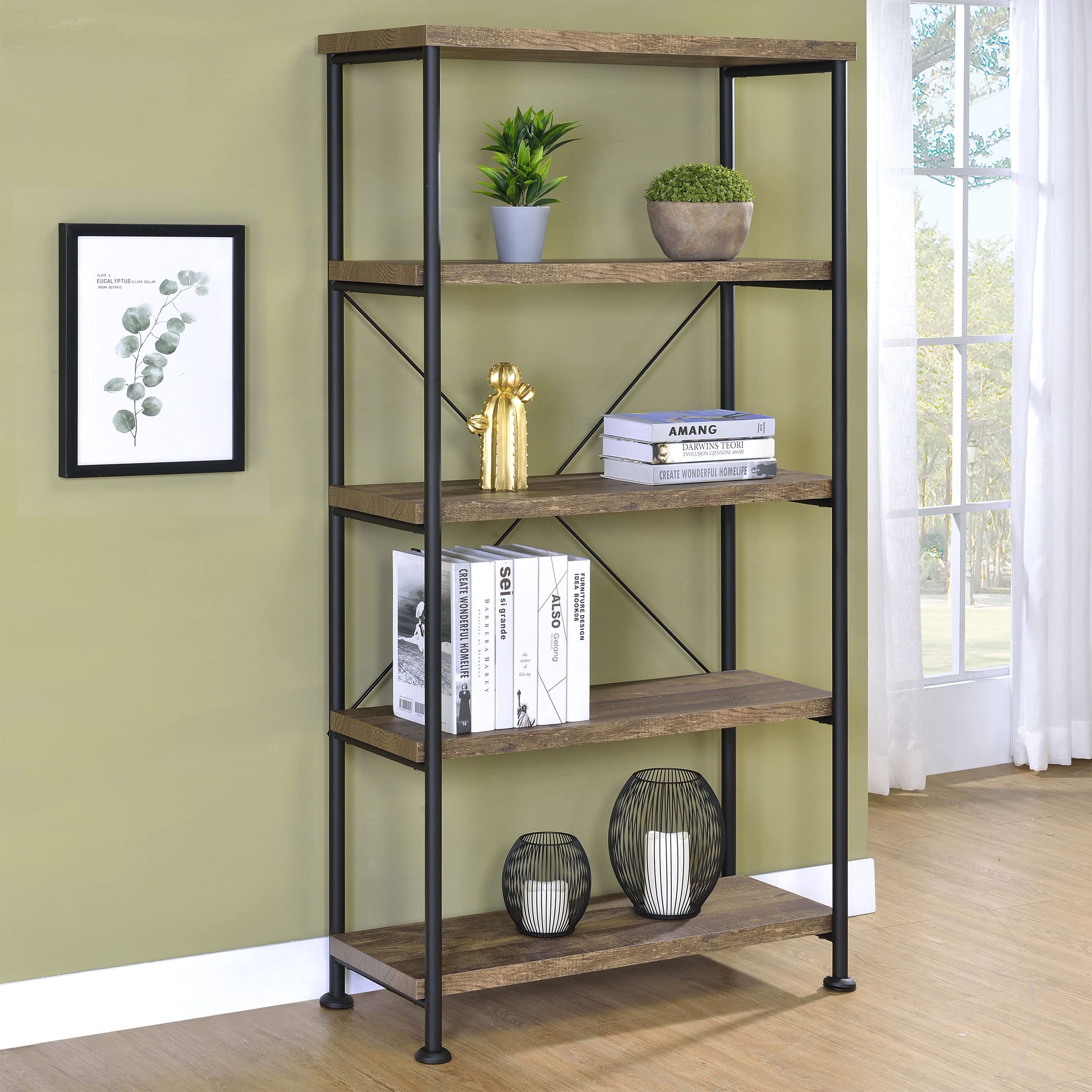 Coaster Furniture Analiese Rustic Industrial 4-Shelf Bookcase - Brown Oak & Black Composite Wood Shelves with Metal Frame - Perfect for Living Room, Office & Bedroom Storage