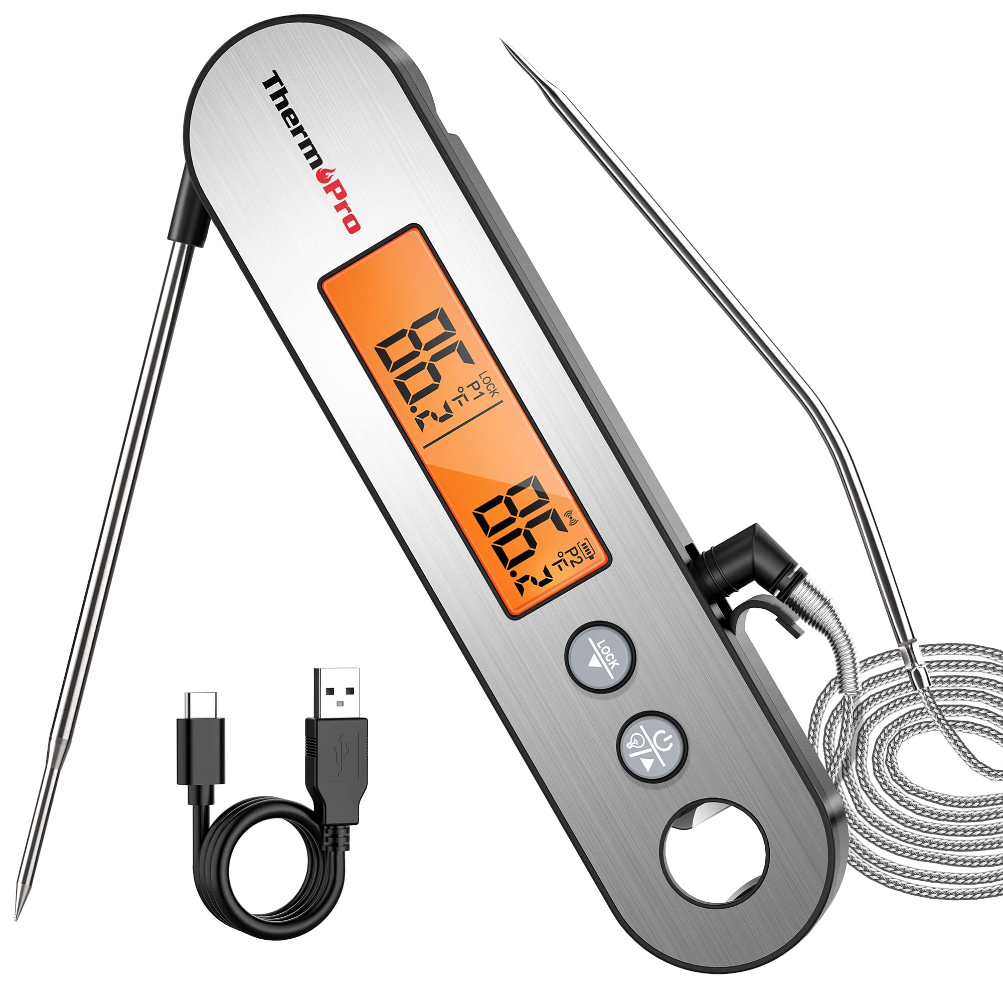 ThermoPro TP610 Digital Meat Thermometer - Rechargeable Instant Read Food Thermometer with Rotating LCD Screen & Alarm | Waterproof Cooking Thermometer for Grilling, Smoking, BBQ, Oven & Kitchen Use | Perfect for Steak, Turkey, Chicken & Baking
