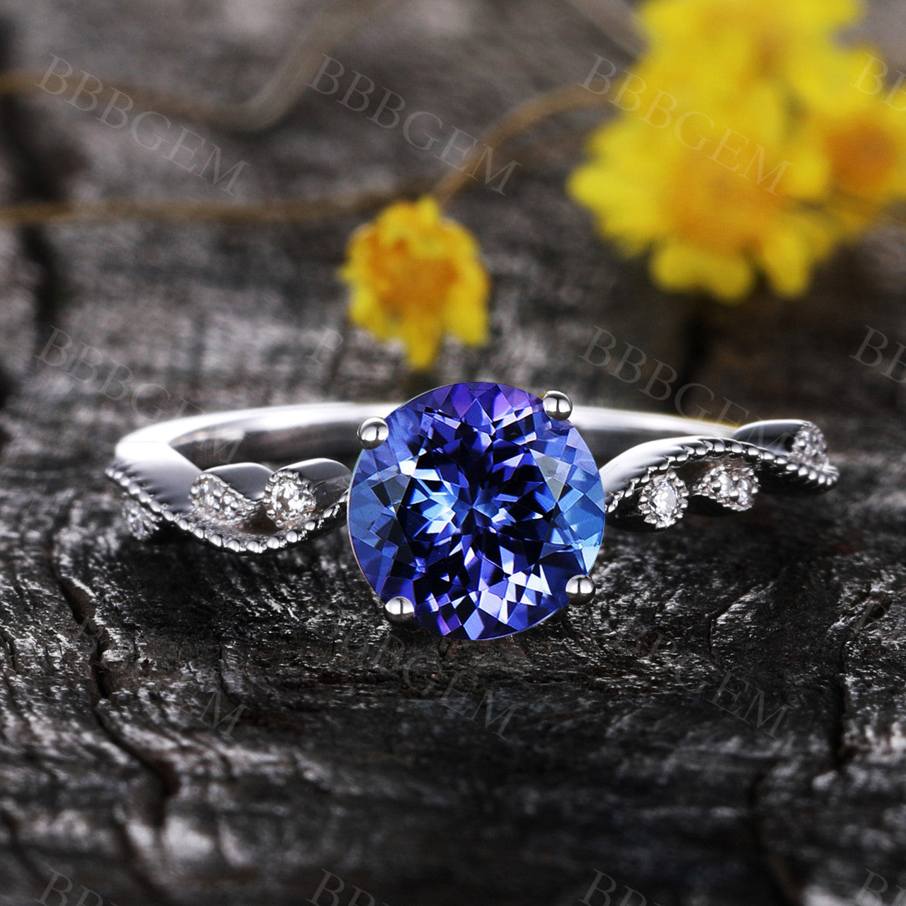 Exquisite Round Tanzanite Floral Engagement Ring with Diamond Accents in Rose Gold – Perfect for Proposals, Anniversaries & Romantic Gifts