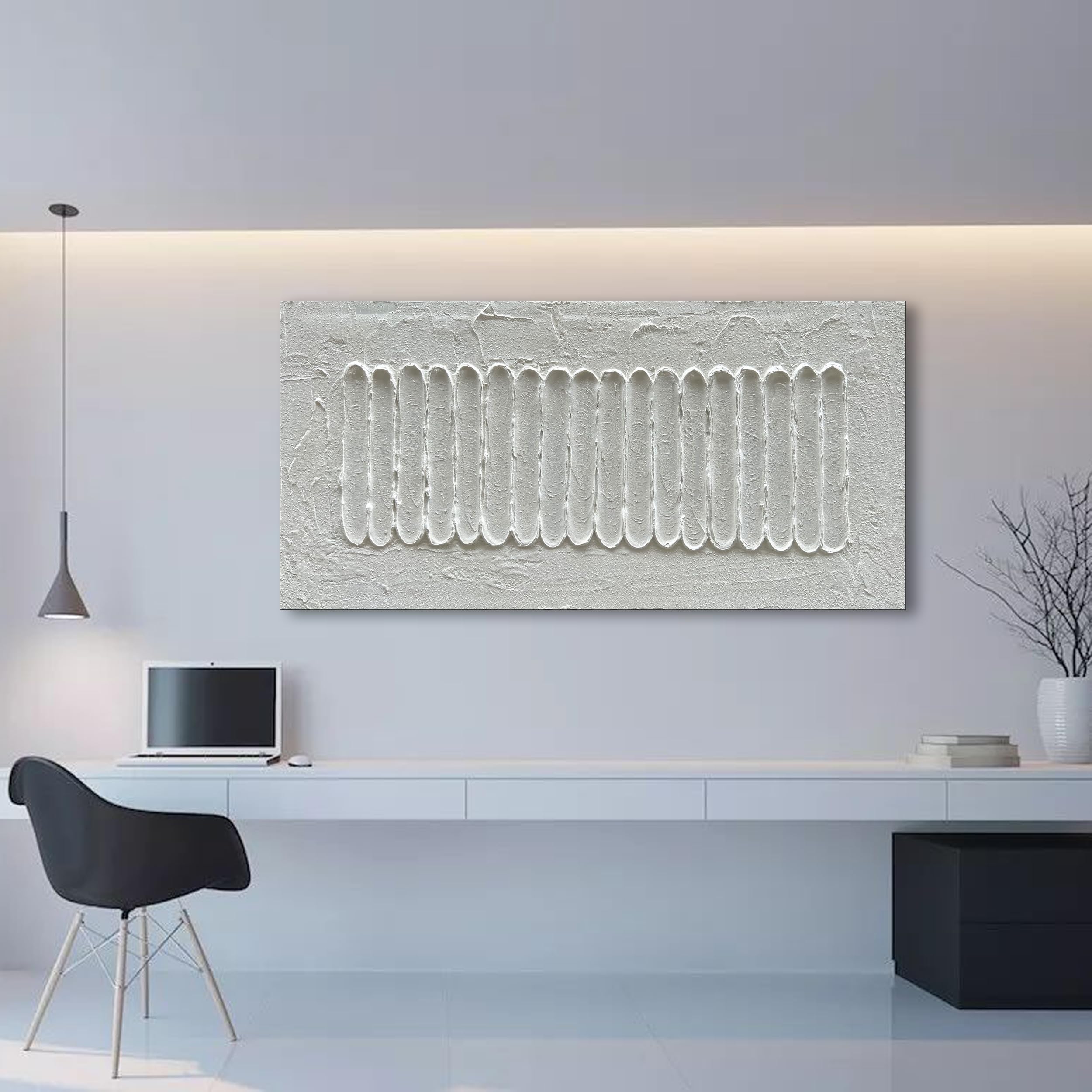 NANKAI 24x48 Inches White Minimalist Abstract Oil Painting - Hand Painted Thick Texture Canvas Wall Art for Living Room, Bedroom & Office Decor