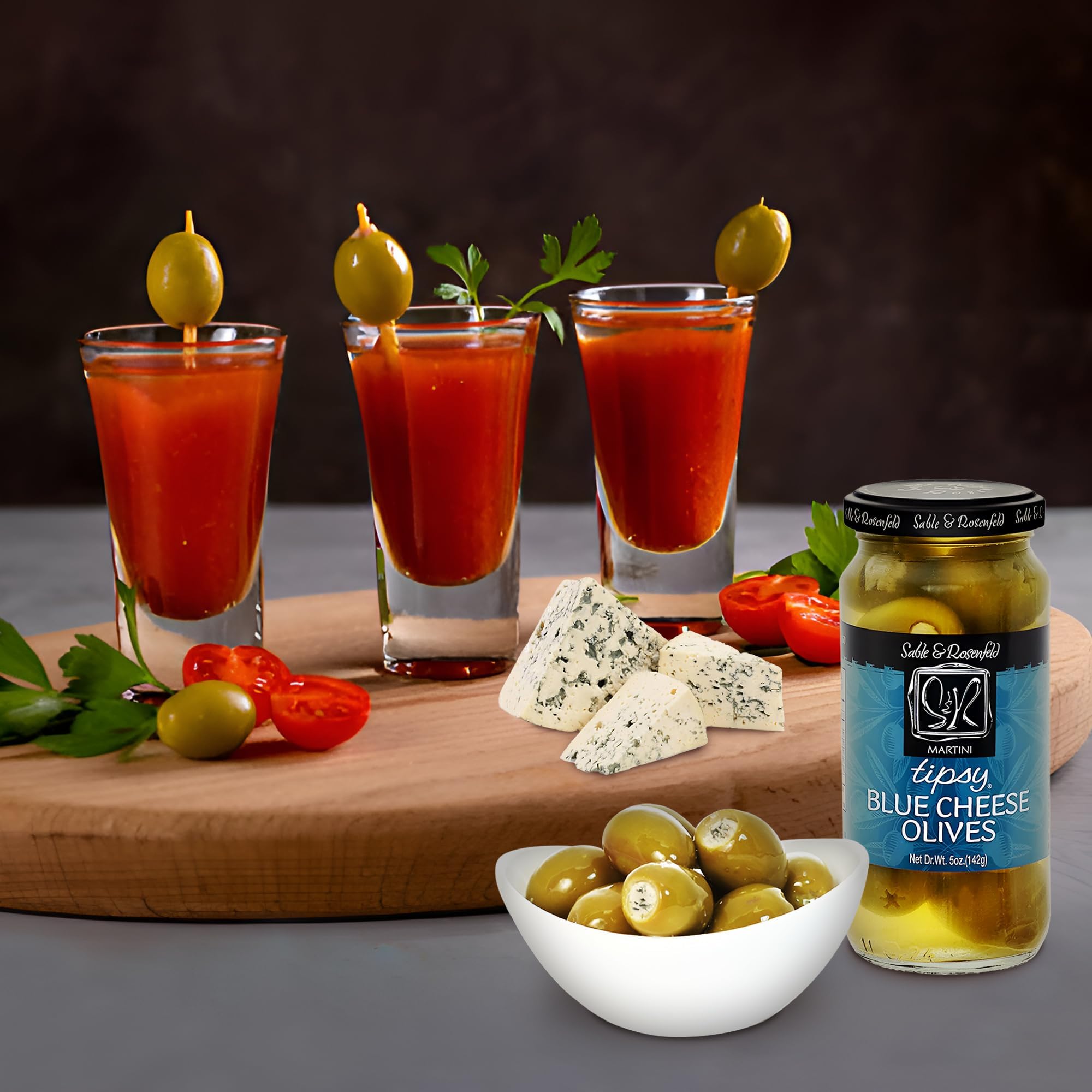 Premium Blue Cheese Stuffed Green Olives - Gourmet Cocktail Olives for Martinis, Bloody Marys & Charcuterie Boards - Sable & Rosenfeld 5 oz (Pack of 6) - Perfect for Home Bars, Parties & Holiday Entertaining