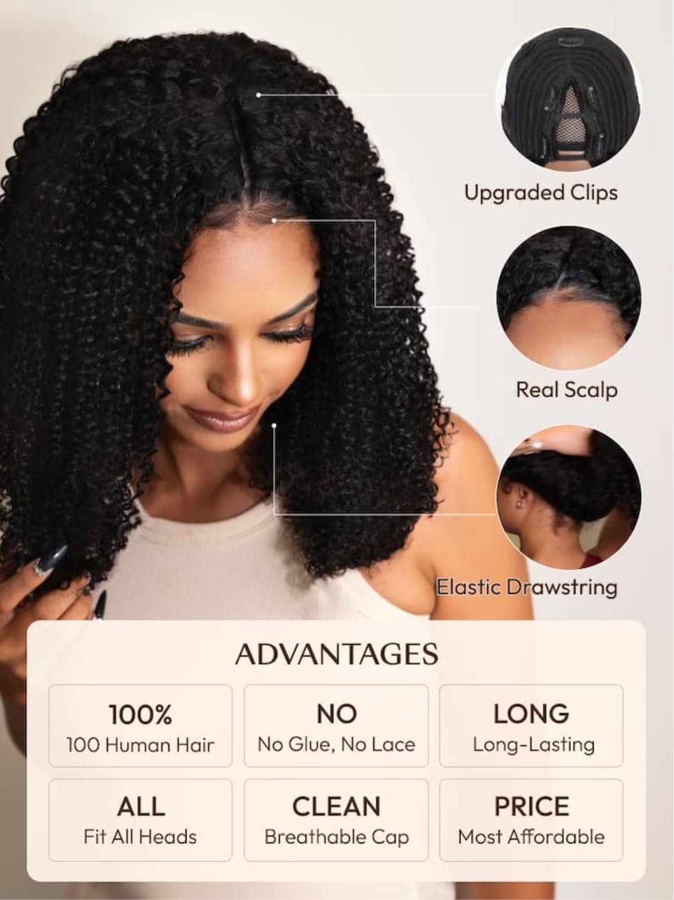 UNICE Glueless Kinky Curly V-Part Human Hair Wig - No Leave Out Upgrade U-Part Wig with Clips (150% Density, 22 Inch, Natural Black) | Afro Kinky Curly V-Shape Wig for Daily Wear, Parties & Special Occasions