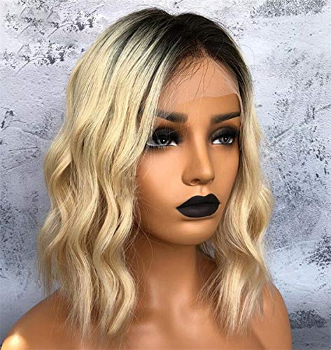 14inch 180% Density Human Hair Lace Front Wig - 13x6 Deep Part Remy Hair Bob Wig in Black Blonde Ombre (Wavy Bob) | Natural Looking Everyday Wear & Special Occasions